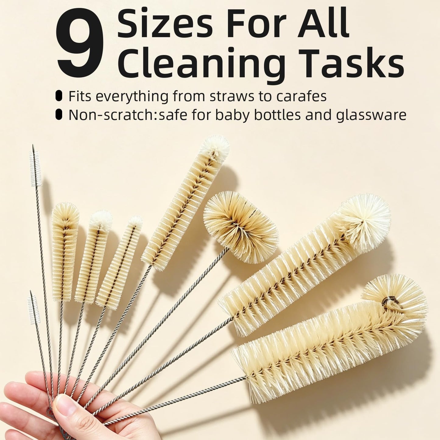 Masthome 9 Pack Bottle Brush Set, Boar Bristle Mixed PP Baby Bottle Cleaner, Long Handle Straw Brushes for Narrow Neck Bottles, Hummingbird Feeder