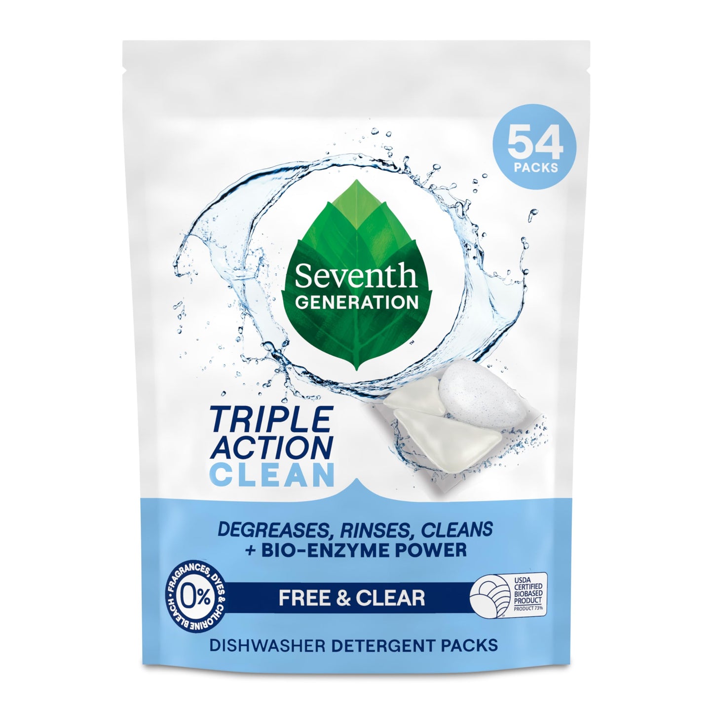 Seventh Generation Triple Action Clean Automatic Dishwasher Detergent Packs with Bio-Enzyme Power, Free & Clear, Fights 48-hour Stuck-on Food, 54