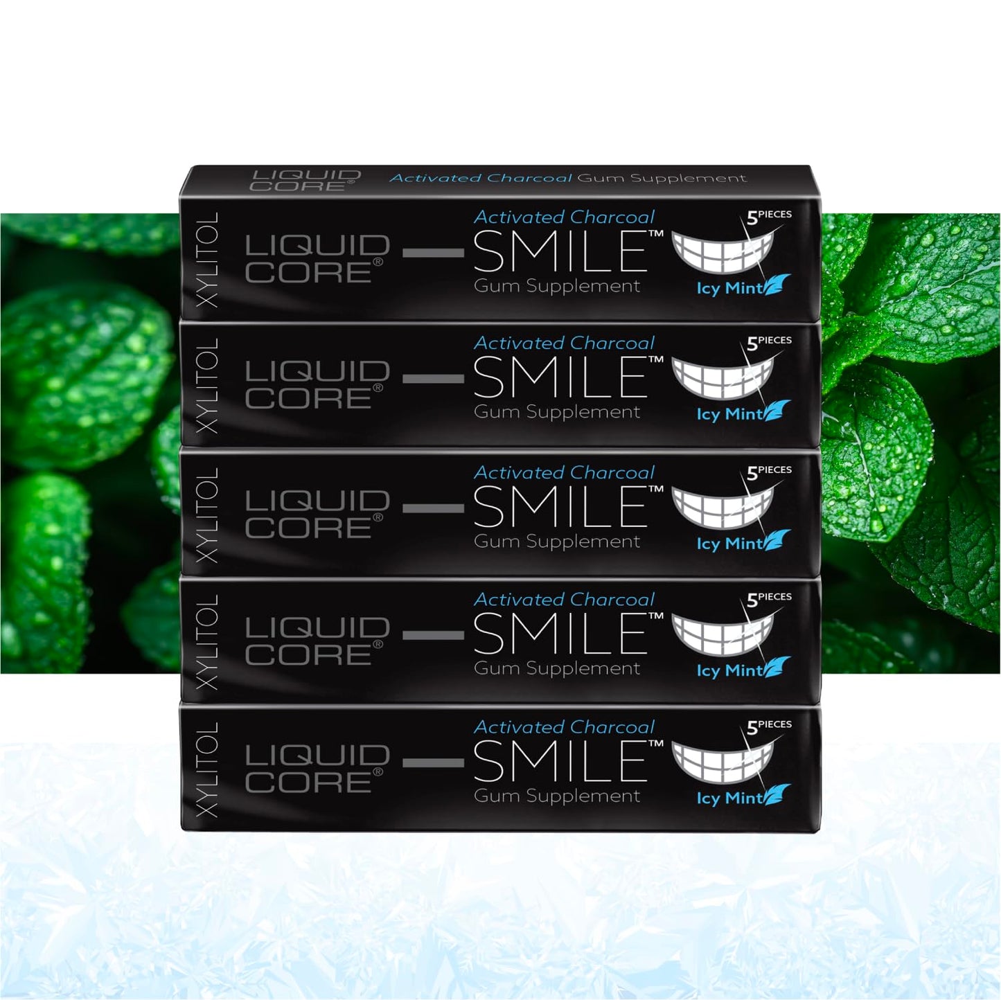 Liquid Core Smile Activated Charcoal Gum with MCT Oil, Hydroxyapatite, and Xylitol - Teeth Cleaning Gum, Icy Mint Sugar-Free (5 Pack)