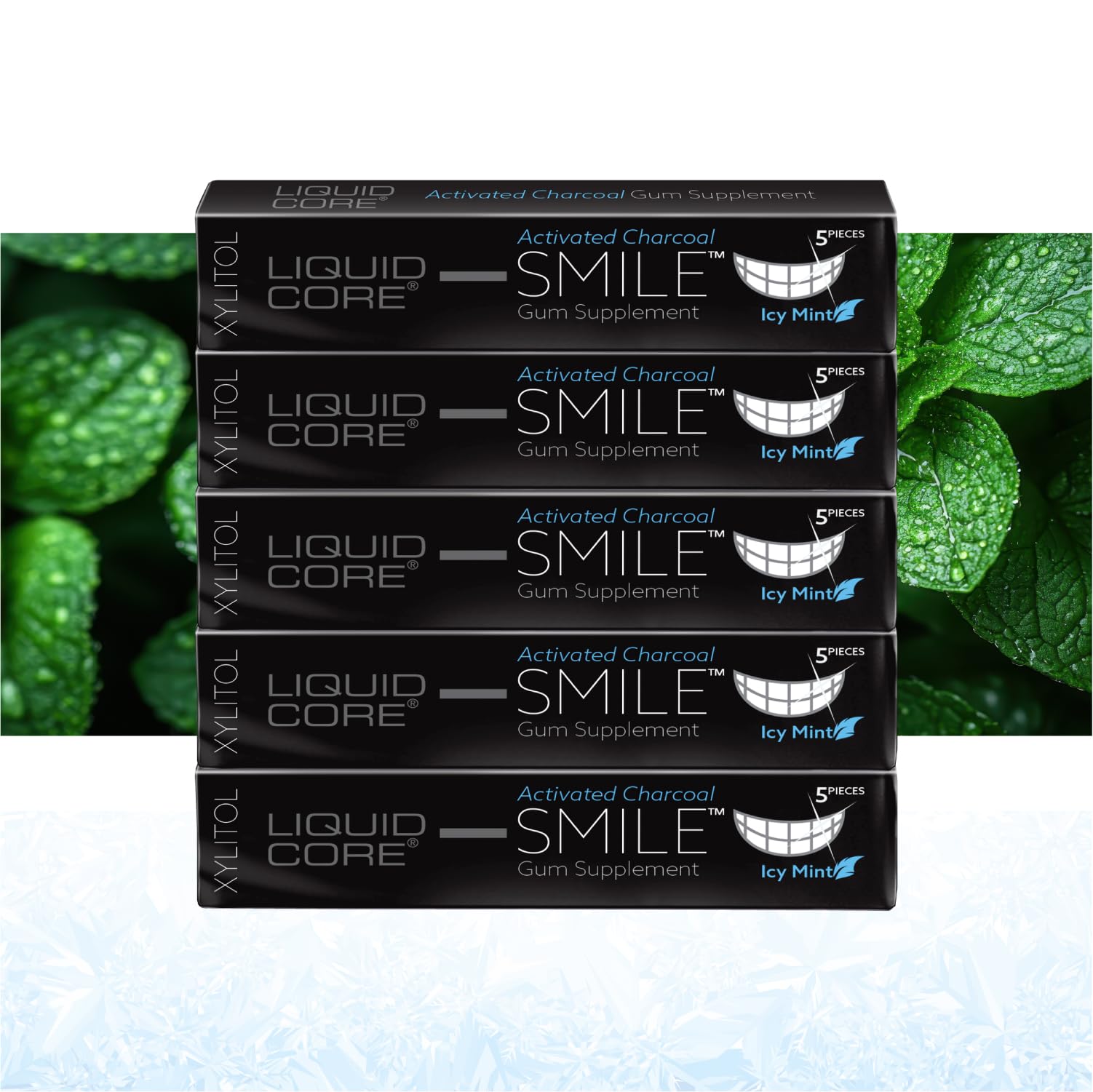 Liquid Core Smile Activated Charcoal Gum with MCT Oil, Hydroxyapatite, and Xylitol - Teeth Cleaning Gum, Icy Mint Sugar-Free (5 Pack)