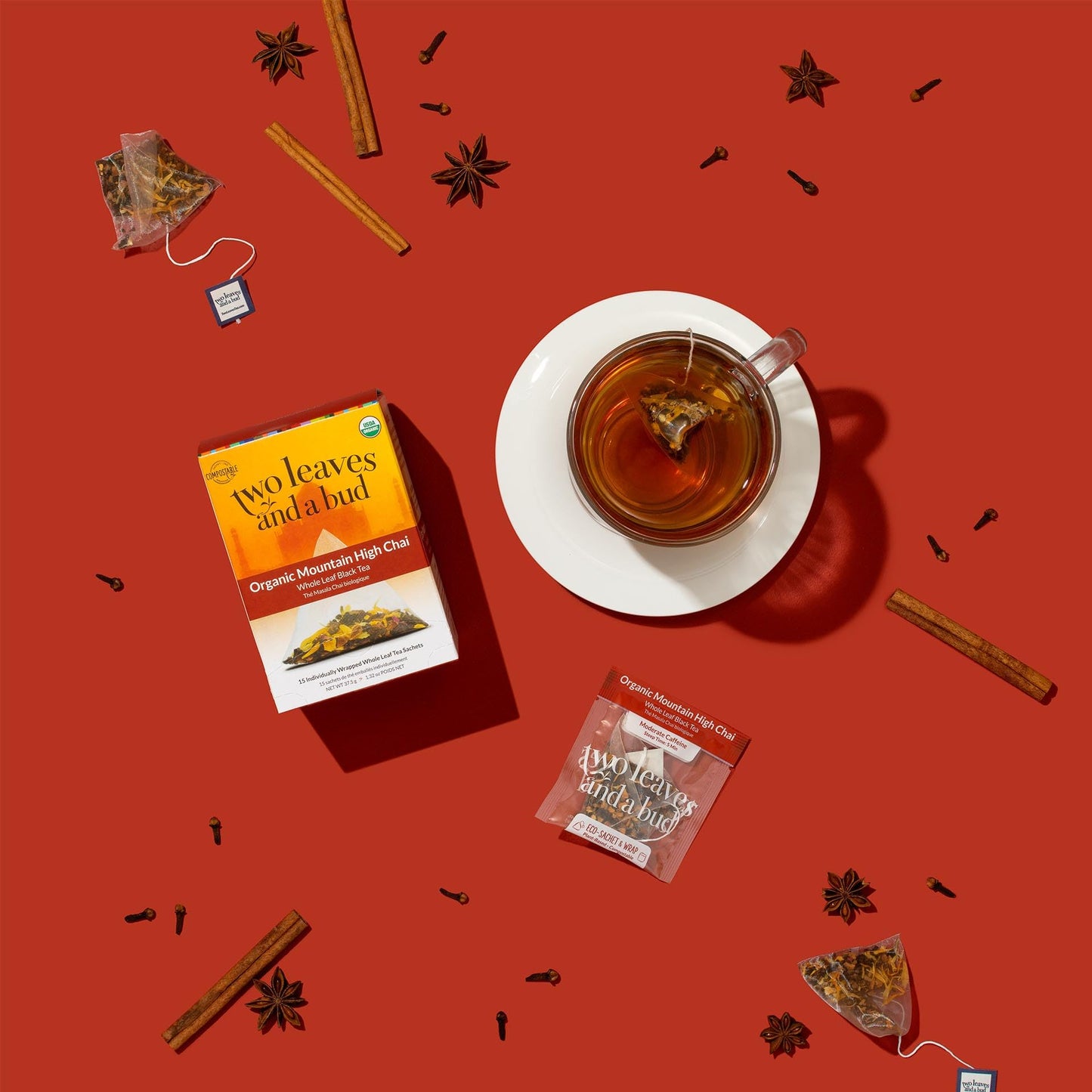 Two Leaves and a Bud Organic Mountain High Chai Tea Bags, Whole Leaf Black Tea and Spices in Pyramid Sachets,15 Count (Pack of 1)