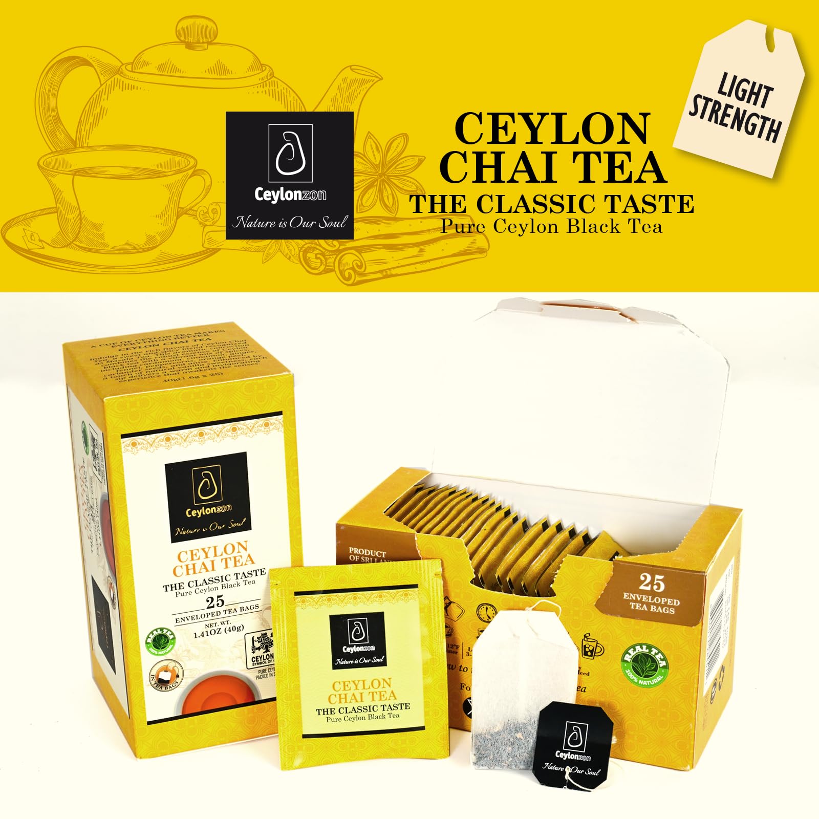 Ceylonzon Chai Tea Classic Taste 25 Individually Foil-Wrapped Tea Bags, Pure Ceylon Black Tea with Naturally Rich Flavor & Spices, Spice Chai Latte