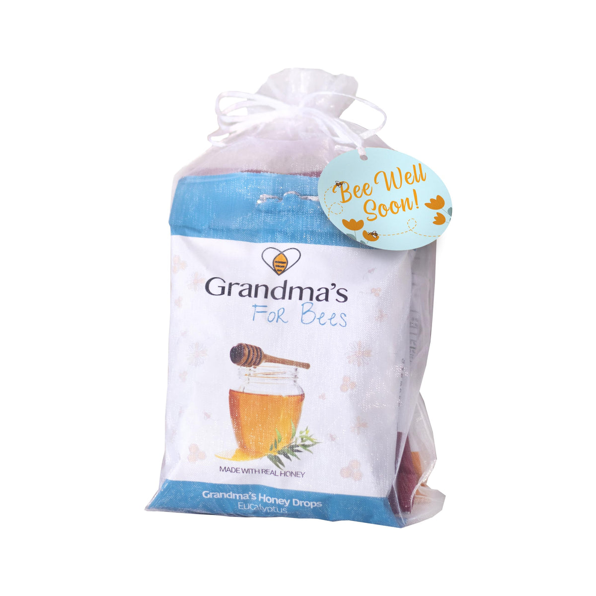 Grandma's For Bees | Old Fashioned Honey Drops - Get Well Soon Gift Pack | 4 Flavours: Mint, Lemon, Eucalyptus, Echinacea | 4 x 80g Bags