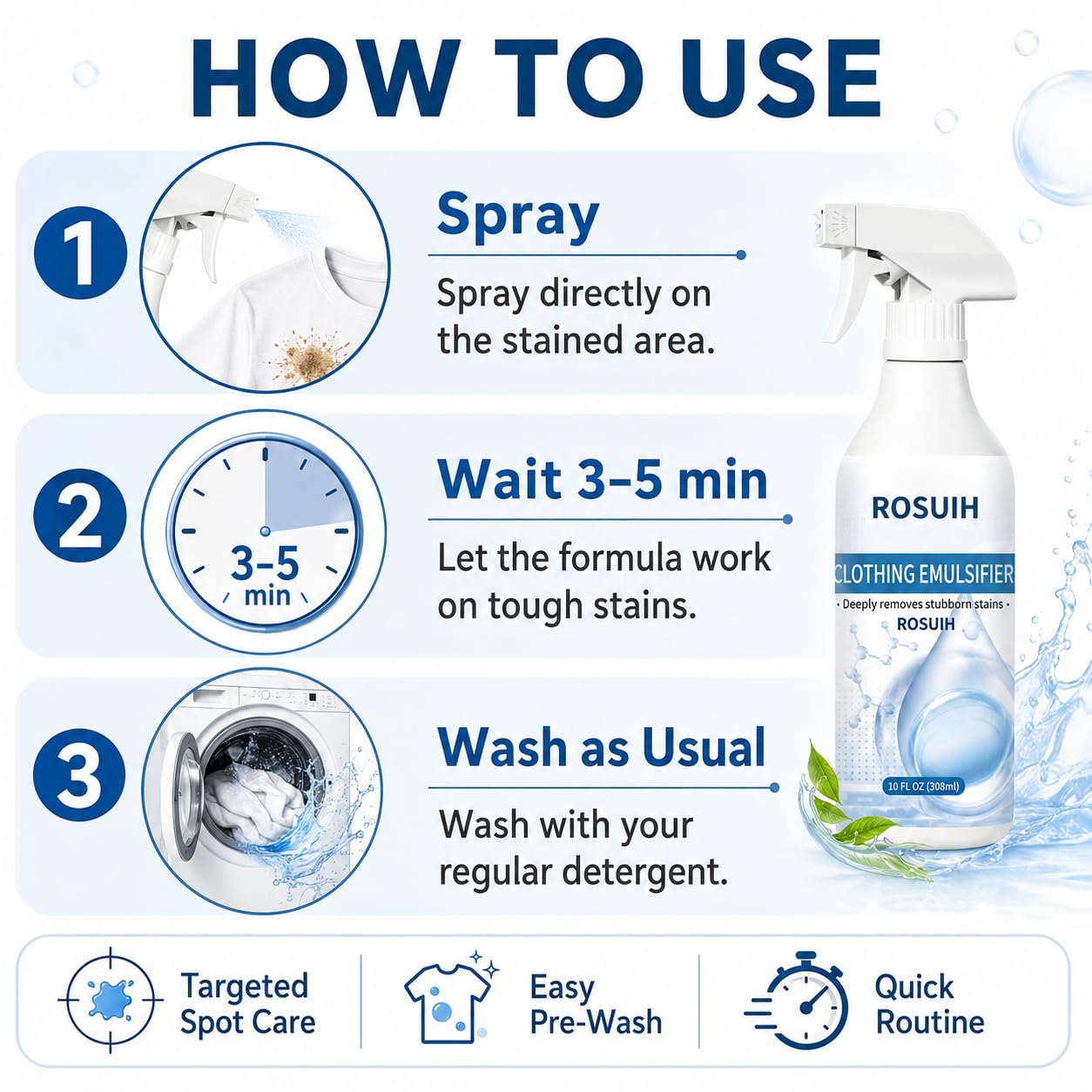ROSUIH Clothing Emulsifier Stain Remover Spray, 10 Fl Oz Non-Ionic Laundry Pre-Wash Treatment for Oil, Food, Sweat & Collar Stains, Gentle Fabric Spot