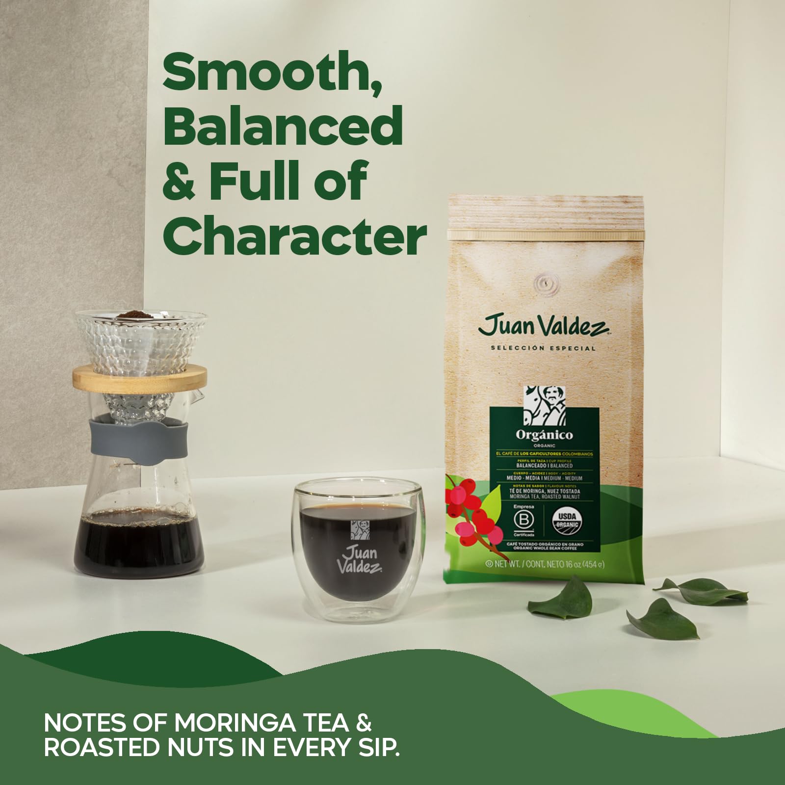 Juan Valdez Organic Whole Bean Coffee - Balanced Roast | 100% Colombian Arabica Beans | 100% Colombian Coffee - Balanced Profile with Moringa & Nutty
