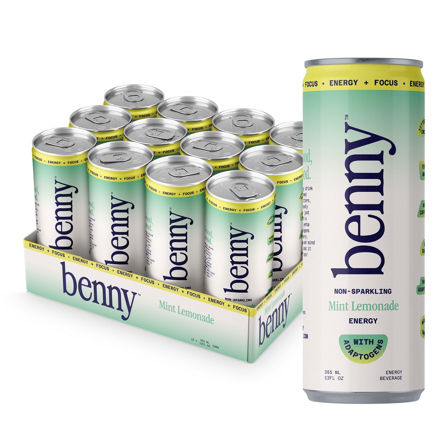 Benny Mint Lemonade Non-Sparkling Still Clean Energy Drink | 80mg Natural Caffeine Yerba Mate | Lion's Mane & Ginseng | 1g Sugar, 5 Cal | No