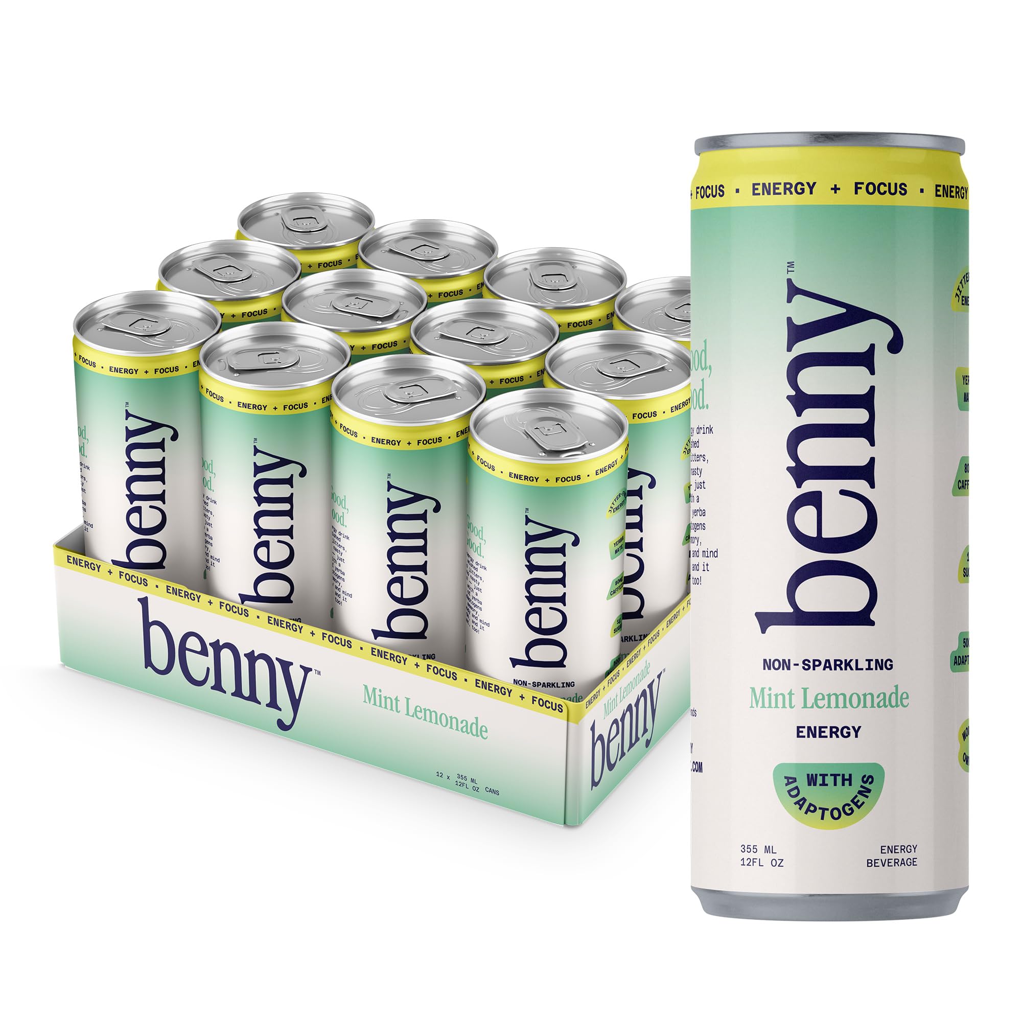 Benny Mint Lemonade Non-Sparkling Still Clean Energy Drink | 80mg Natural Caffeine Yerba Mate | Lion's Mane & Ginseng | 1g Sugar, 5 Cal | No