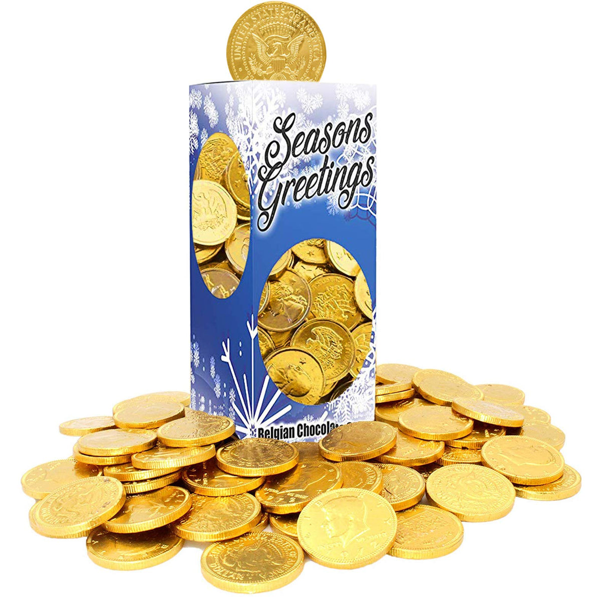The Dreidel Company Seasons Greetings Milk Chocolate Gold Coins, Stocking Stuffers, Nut-Free, Belgian Milk Chocolate Coins, Kosher Certified Gelt (2