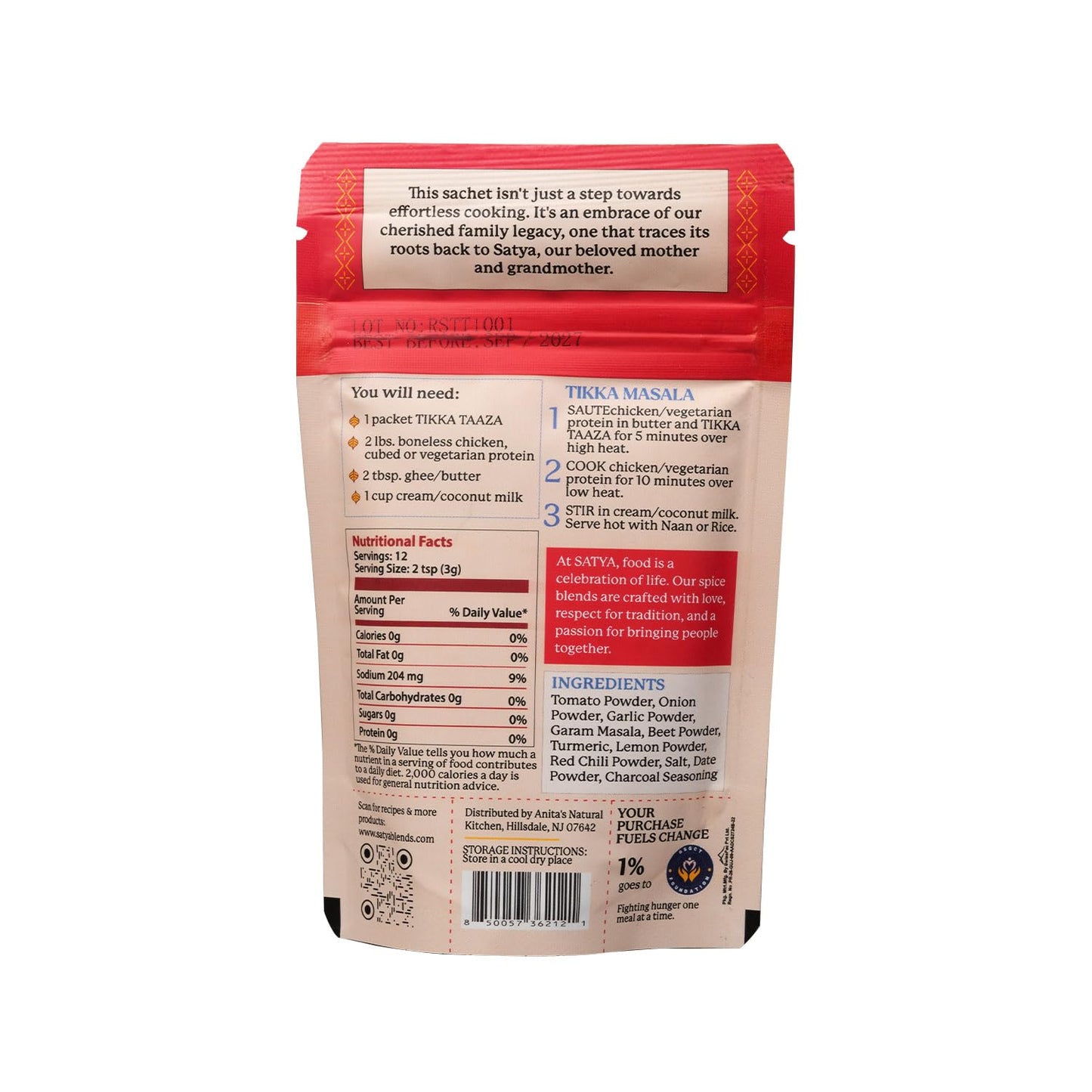 Satya Tikka Masala Powder Smoky Indian Curry Spice Blend 5 Fresh Sachets x 37g Flavorful Seasoning for Paneer, Chicken & Vegetables Vegan, Gluten