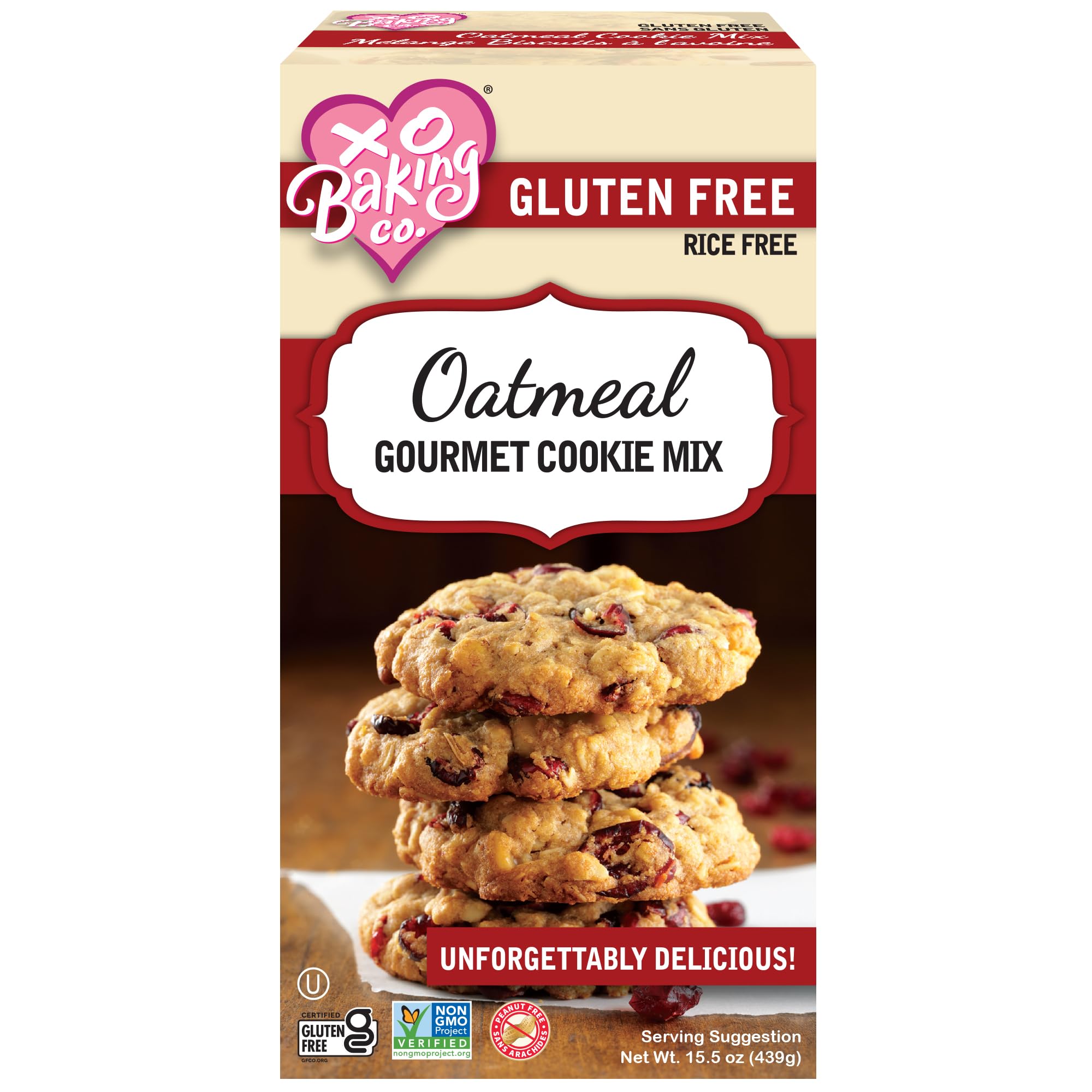 XO Baking Co. Gluten Free Oatmeal Gourmet Cookie Mix; Non-GMO; Kosher; Rice Free; Dairy Free; Soy Free; Peanut Free; No Preservatives; No Artificial Flavors or Colors, 15.5oz