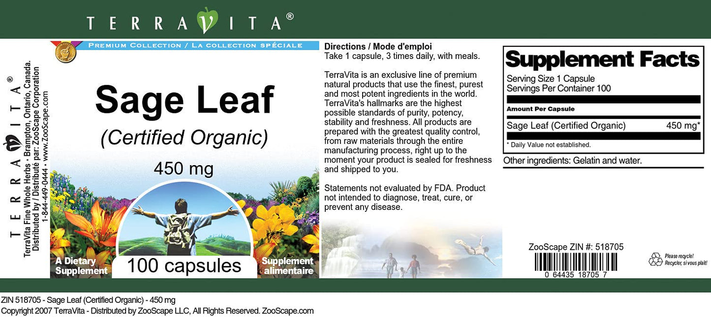Sage Leaf (Certified Organic) - 450 mg (100 Capsules, ZIN: 518705) - 3 Pack