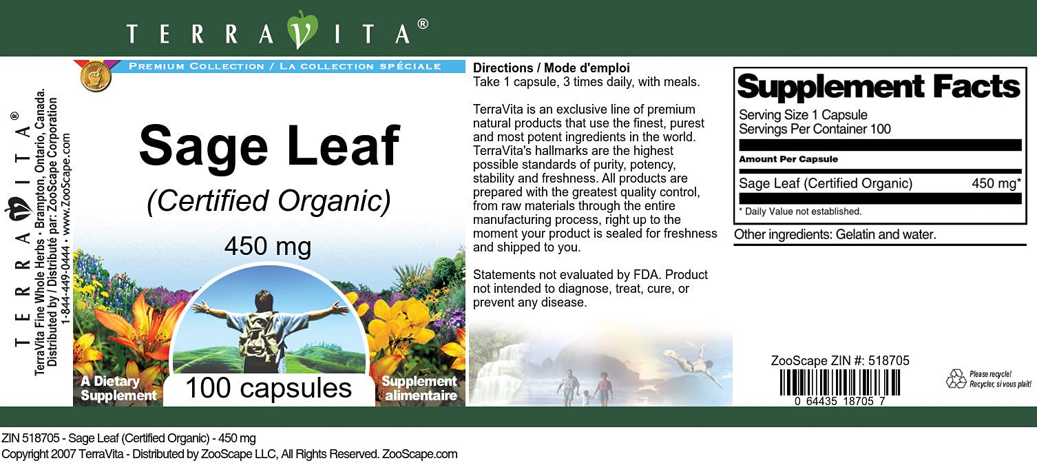 Sage Leaf (Certified Organic) - 450 mg (100 Capsules, ZIN: 518705) - 3 Pack