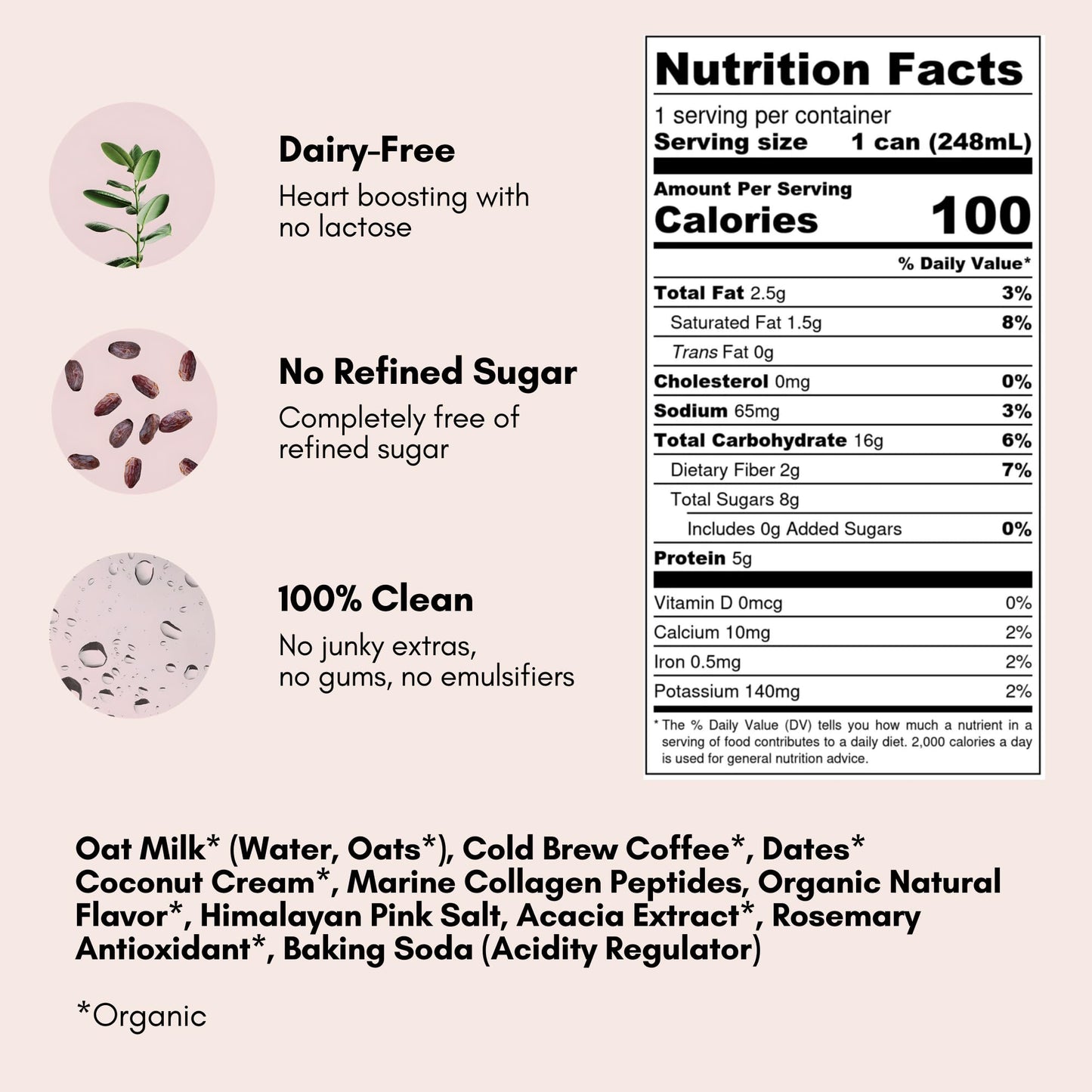 Pop & Bottle Oat Milk Latte - Cold Brew with Marine Collagen, MCT Oil, Organic, Dairy Free, Gluten Free, Sweetened with Dates - Vanilla, 8 Fl Oz (12