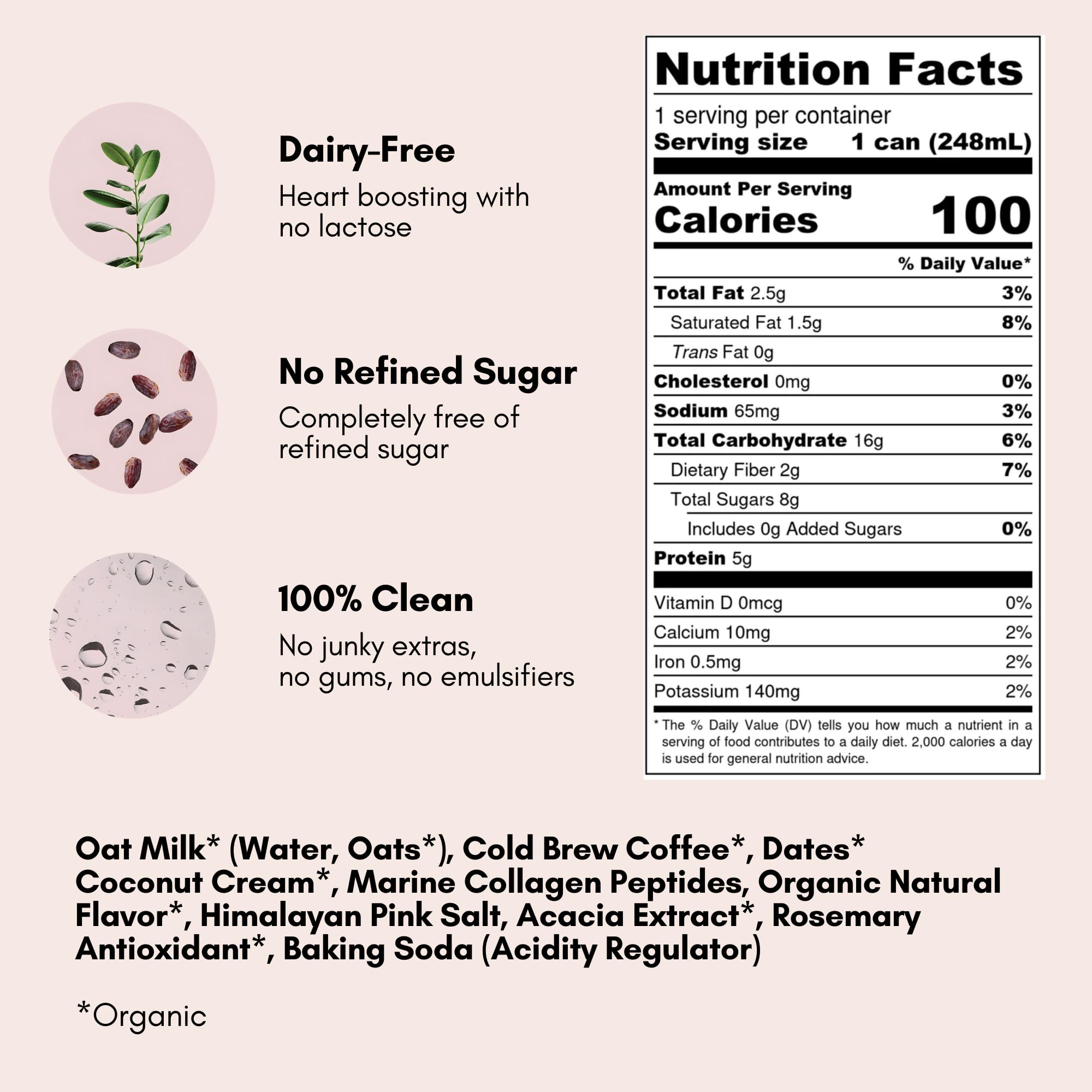 Pop & Bottle Oat Milk Latte - Cold Brew with Marine Collagen, MCT Oil, Organic, Dairy Free, Gluten Free, Sweetened with Dates - Vanilla, 8 Fl Oz (12