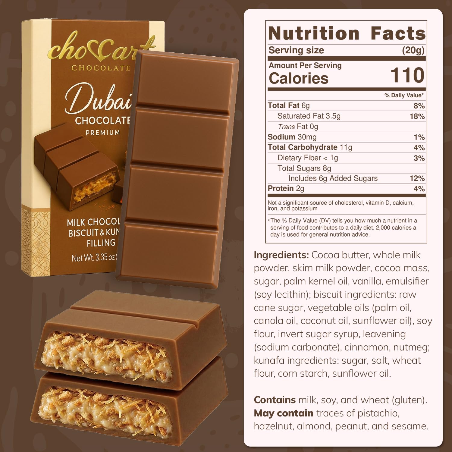 Dubai Chocolate Pistachio Bar 3.5oz | Crispy Kunafa & Creamy Pistachio Filling | Rich Gourmet Chocolate | Unique Sweet Gift Idea (3.5 Oz, Biscuit