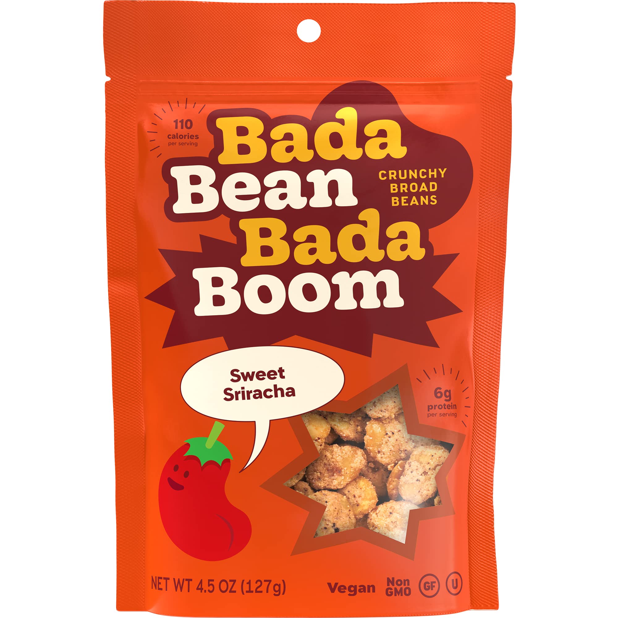 Bada Bean Bada Boom - Plant-Based Protein, Gluten Free, Vegan, Crunchy Roasted Broad (Fava) Bean Snacks, 110 Calories per Serving, Sweet Sriracha, 4.5