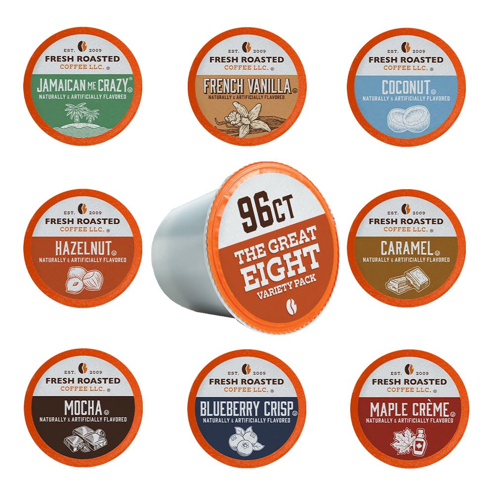 Fresh Roasted Coffee, The Great Eight, Flavored Coffee Pod Variety Pack Flavored K-Cup Pods for Keurig Brewers, Medium Roast, Kosher, 96 Count Loose