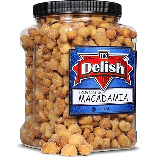 Honey Roasted Macadamia by It's Delish, 2.6 LBS Reusable Jumbo Container | Gourmet Macadamia Nuts in Honey Sugar Coating, Sweet & Heart Healthy Salted