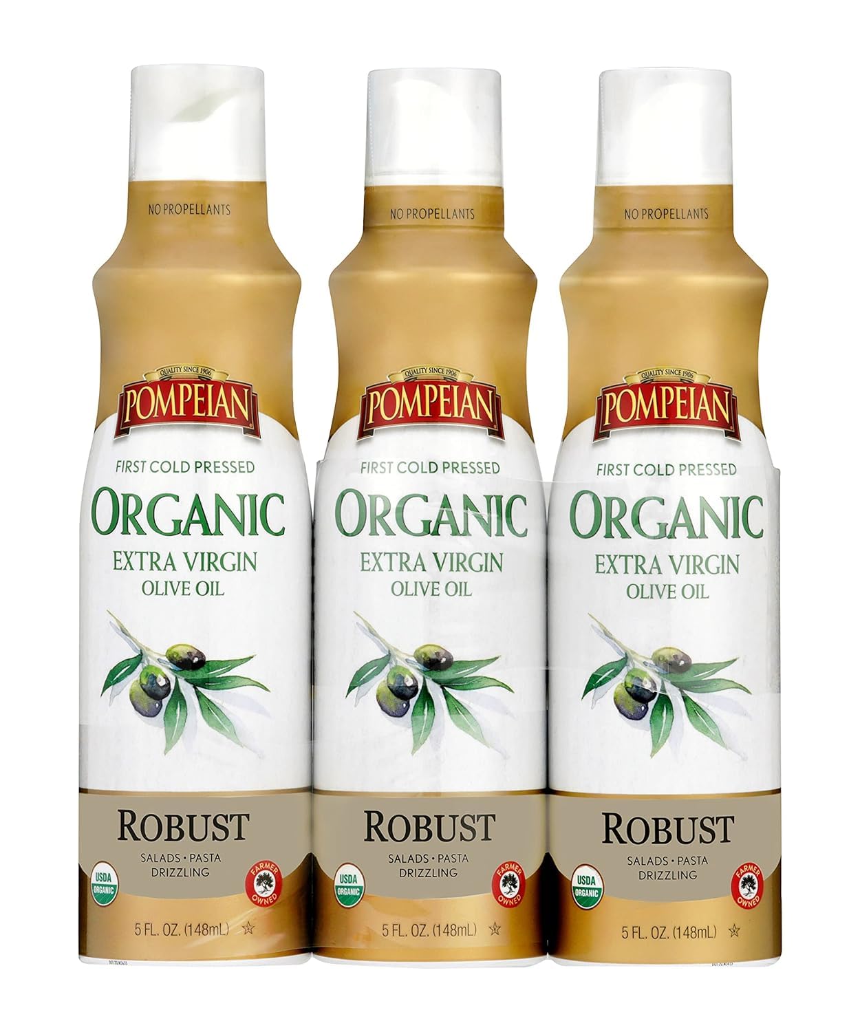 Pompeian Robust Organic Extra Virgin Olive Oil Spray - (3 Pack) 5 Fl Oz - No Propellants - First Cold Pressed Olive Oil for Cooking - Robust Flavor for Salads, Pasta, and Drizzling