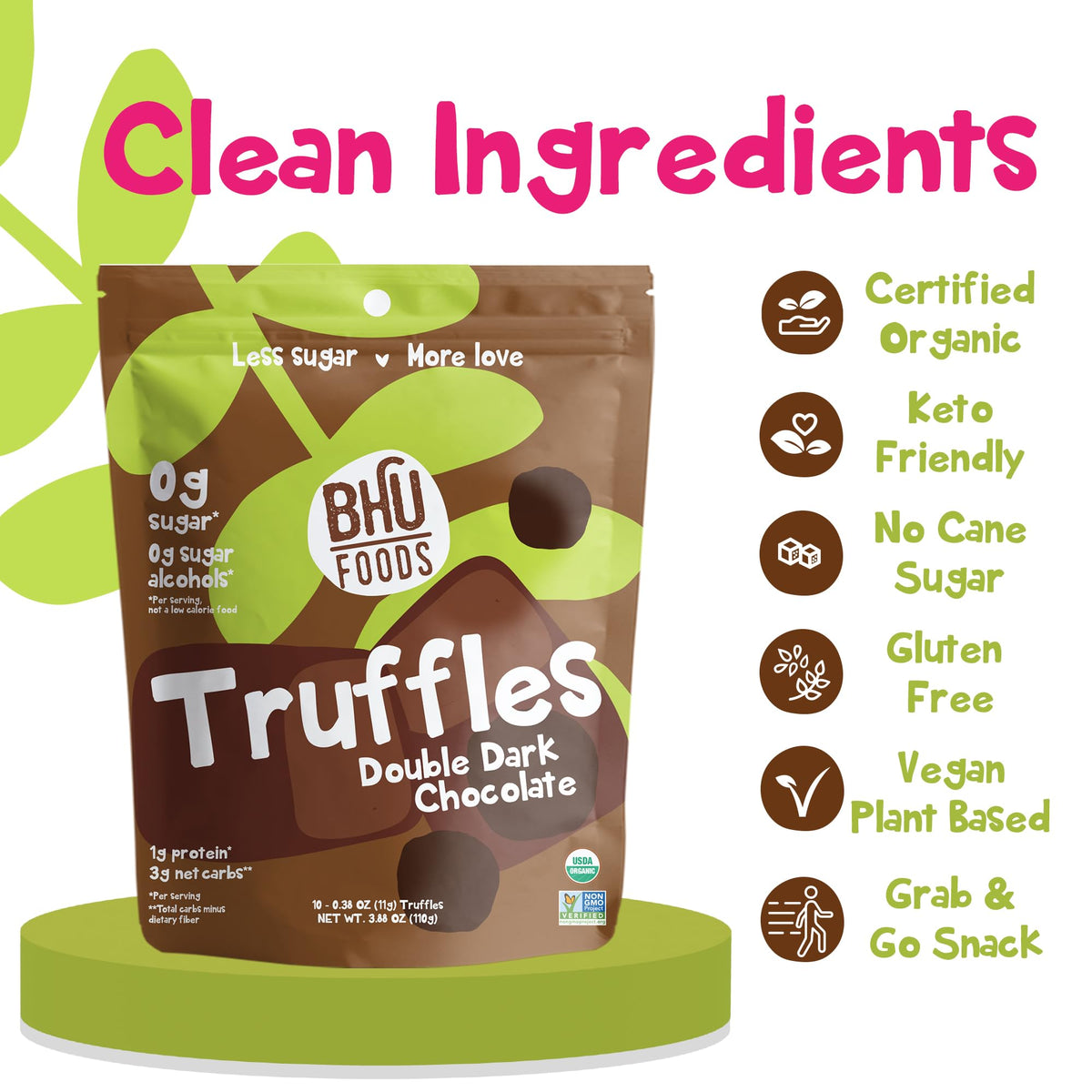 BHU FOODS Keto Fat Bombs, Organic, Vegan, Low Carb Sugar Free, Decadent Candy made with Clean Ingredients, Double Dark Chocolate Truffles (2 Bags)