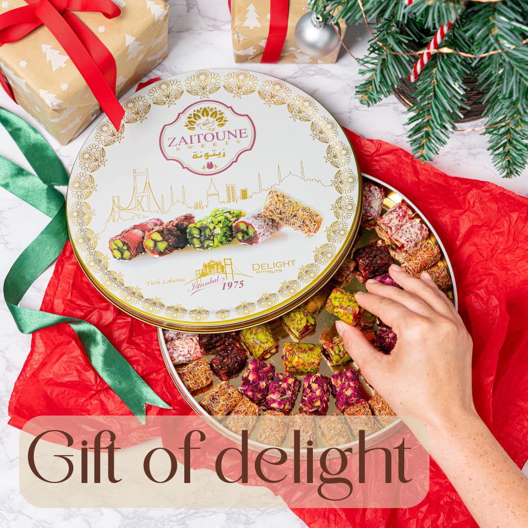 Zaitoune Turkish Delight Mix - 22 oz | Luxury Coatings of Pomegranate, Pistachio, Coconut, Kataifi & Rose | Authentic Lokum Sweet Assortment in a