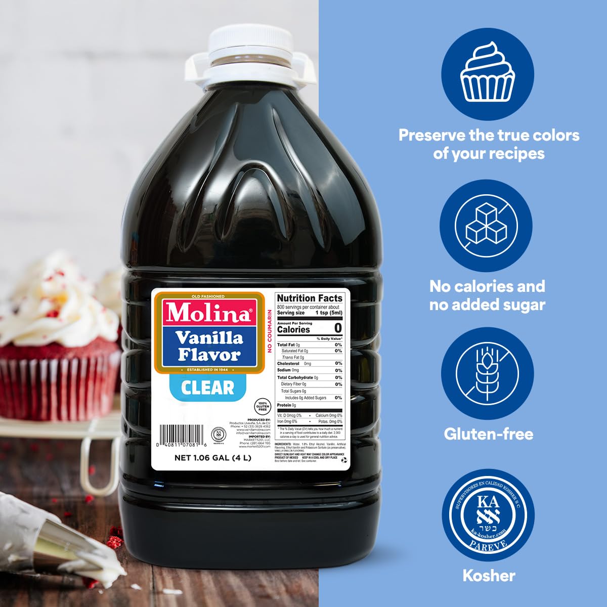 Molina Clear Vanilla Extract, 1 Gallon (135.3 oz) Perfect for Baking, Enhances Flavor Without Altering Dessert Color, High-Quality Vanilla Flavoring