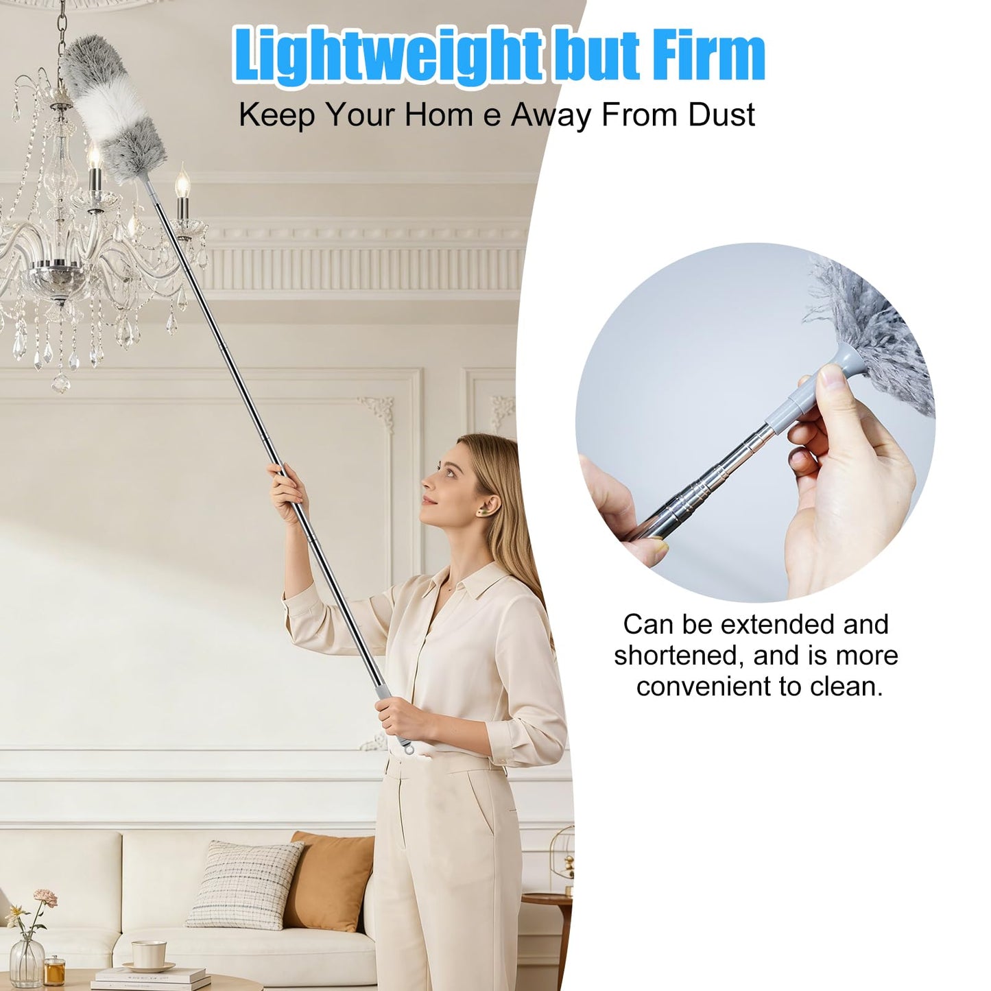 Microfiber Feather Duster, 110 Inch Extendable Telescoping Pole Duster with Bendable Washable Head, Long Handle Cleaning Duster for Ceiling Fan, High