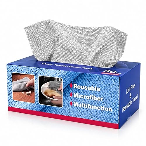BIBWLD Gray Microfiber Cleaning Cloths, 30 Pack Reusable Washable Microfiber Towels with Dispenser Box, Lint-Free Shop Rags for Car, Automotive, Home