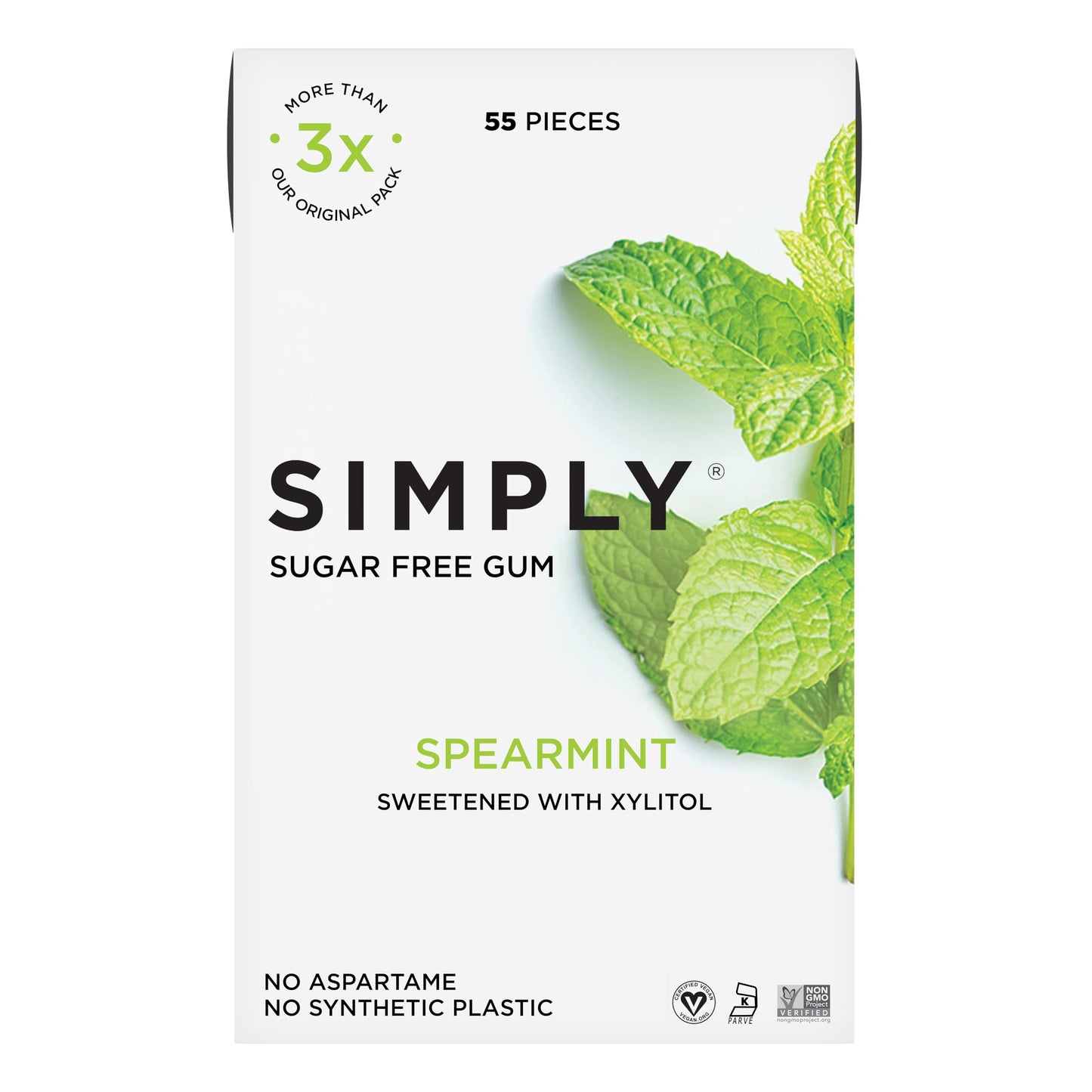 SIMPLY Gum | Sugar Free Xylitol Chewing Gum | Spearmint | 1 Pack (55 Pieces Total) | Synthetic Free + Sugar Free + Aspartame Free