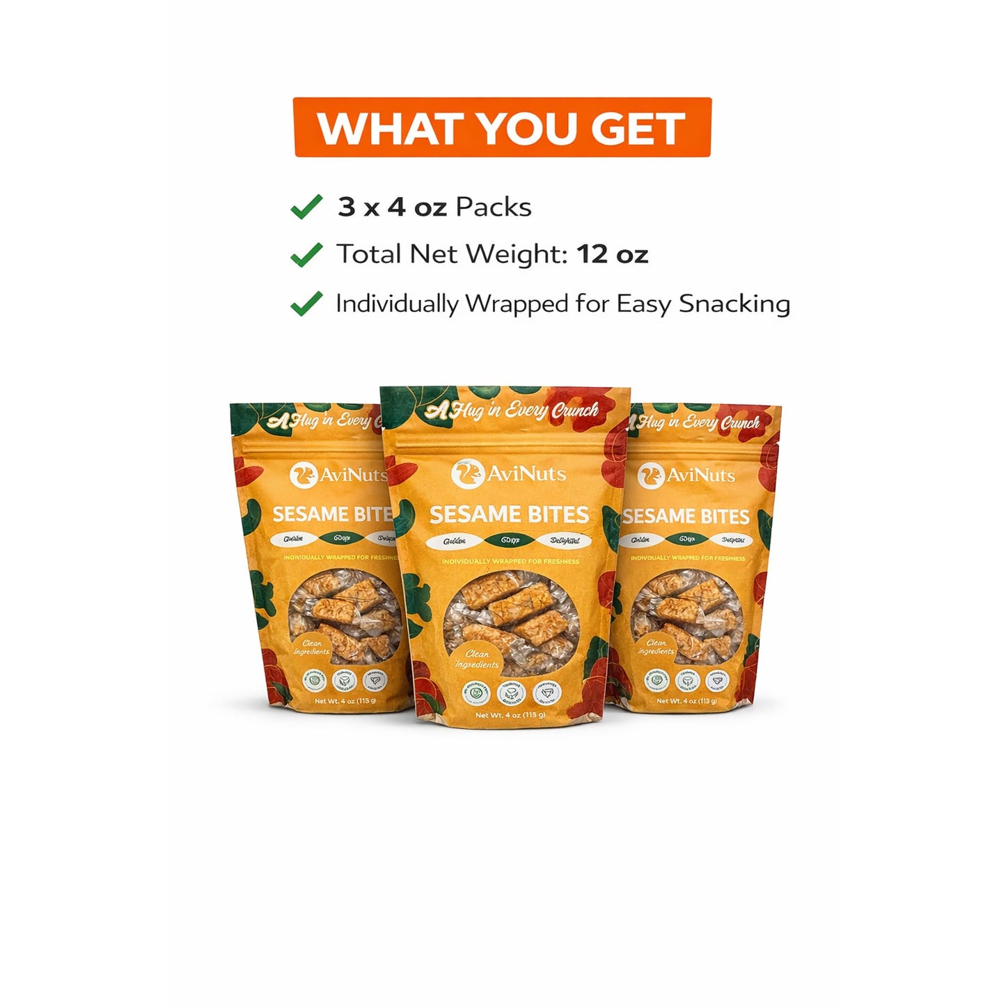 AviNuts Crunchy Sesame Seed Snack Bites, Lightly Sweet Toasted Sesame Crunch, Individually Wrapped Pieces, Crisp Sesame Candy Snack, Shelf Stable