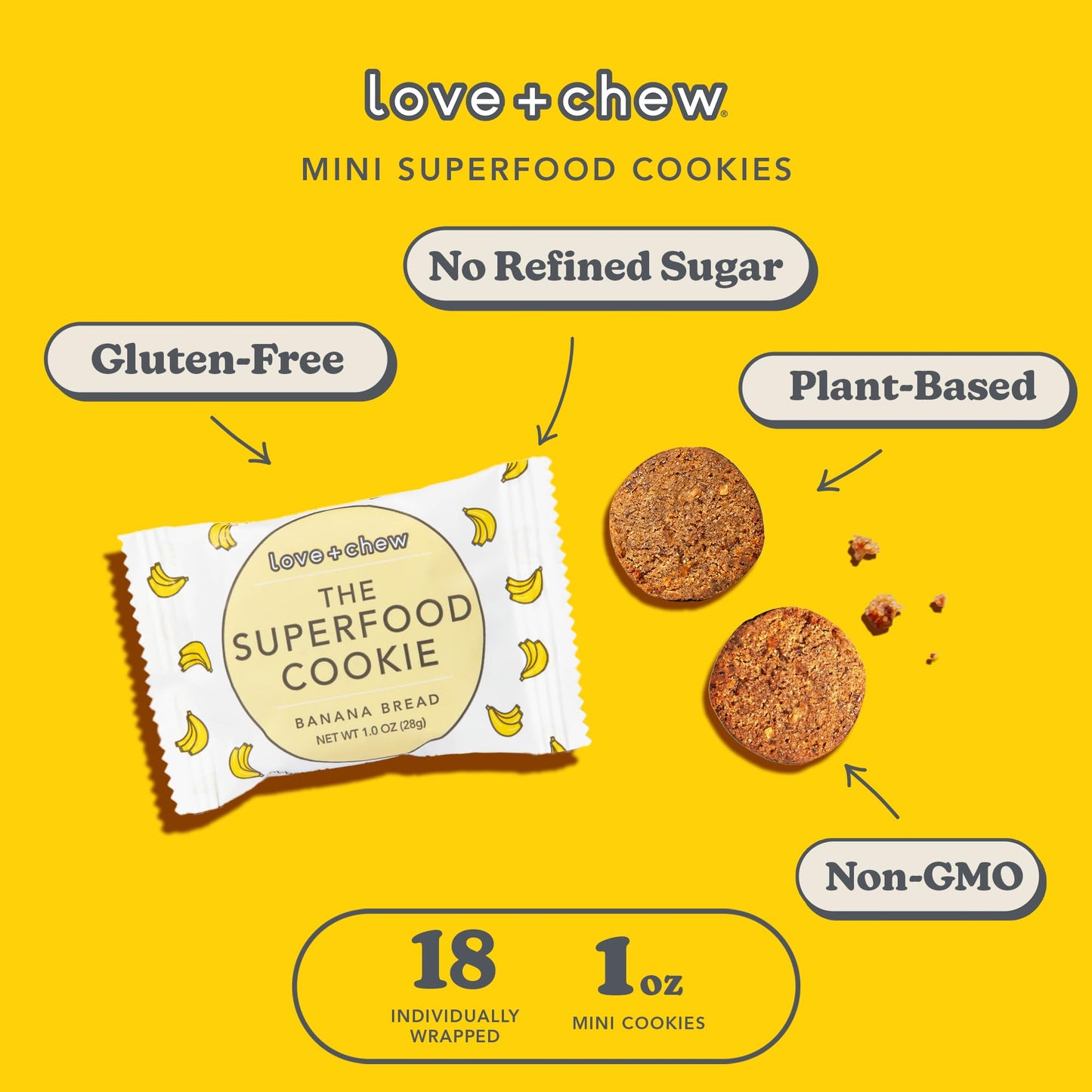 Love + Chew Mini Vegan Cookies, Gluten Free, 3g Plant Based Protein Per Cookie, Healthy Snacks for Adults and Kids, Refined Sugar Free, Individually