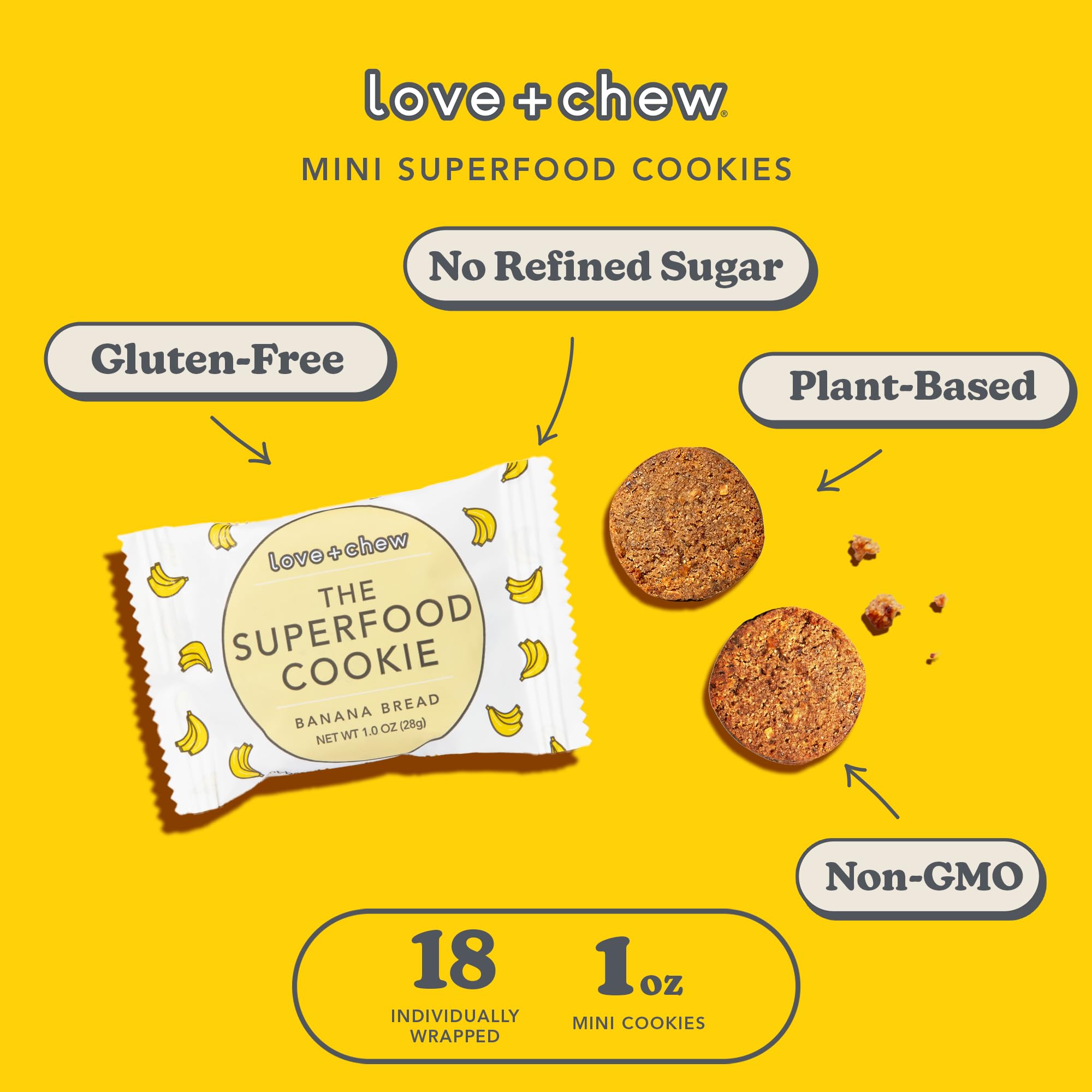 Love + Chew Mini Vegan Cookies, Gluten Free, 3g Plant Based Protein Per Cookie, Healthy Snacks for Adults and Kids, Refined Sugar Free, Individually