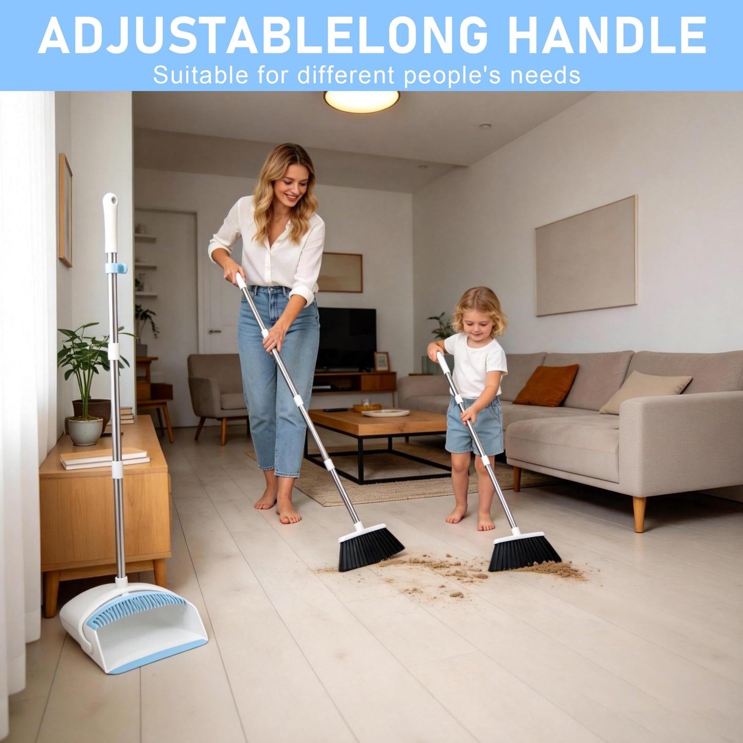BSKLIN Broom and Dustpan Set for Home, 52-in Broom with Dustpan Combo with Dust Pan Teeth to Clean Pet Hair Long Handle Adjustable Broom for Kitchen