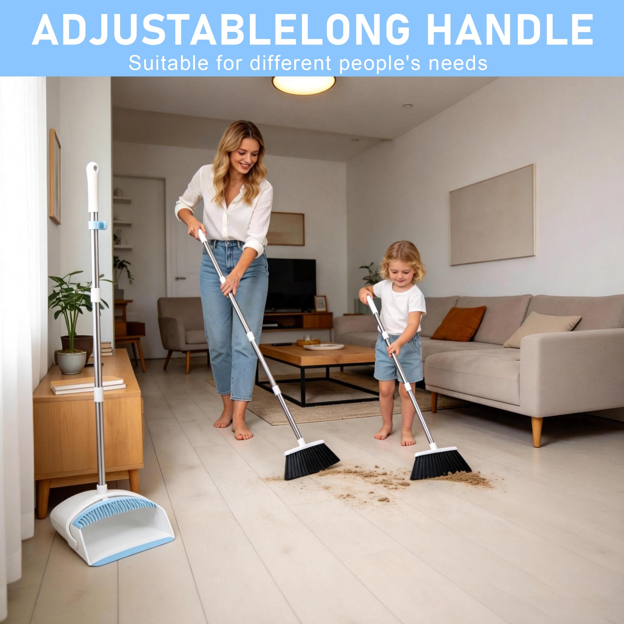 BSKLIN Broom and Dustpan Set for Home, 52-in Broom with Dustpan Combo with Dust Pan Teeth to Clean Pet Hair Long Handle Adjustable Broom for Kitchen