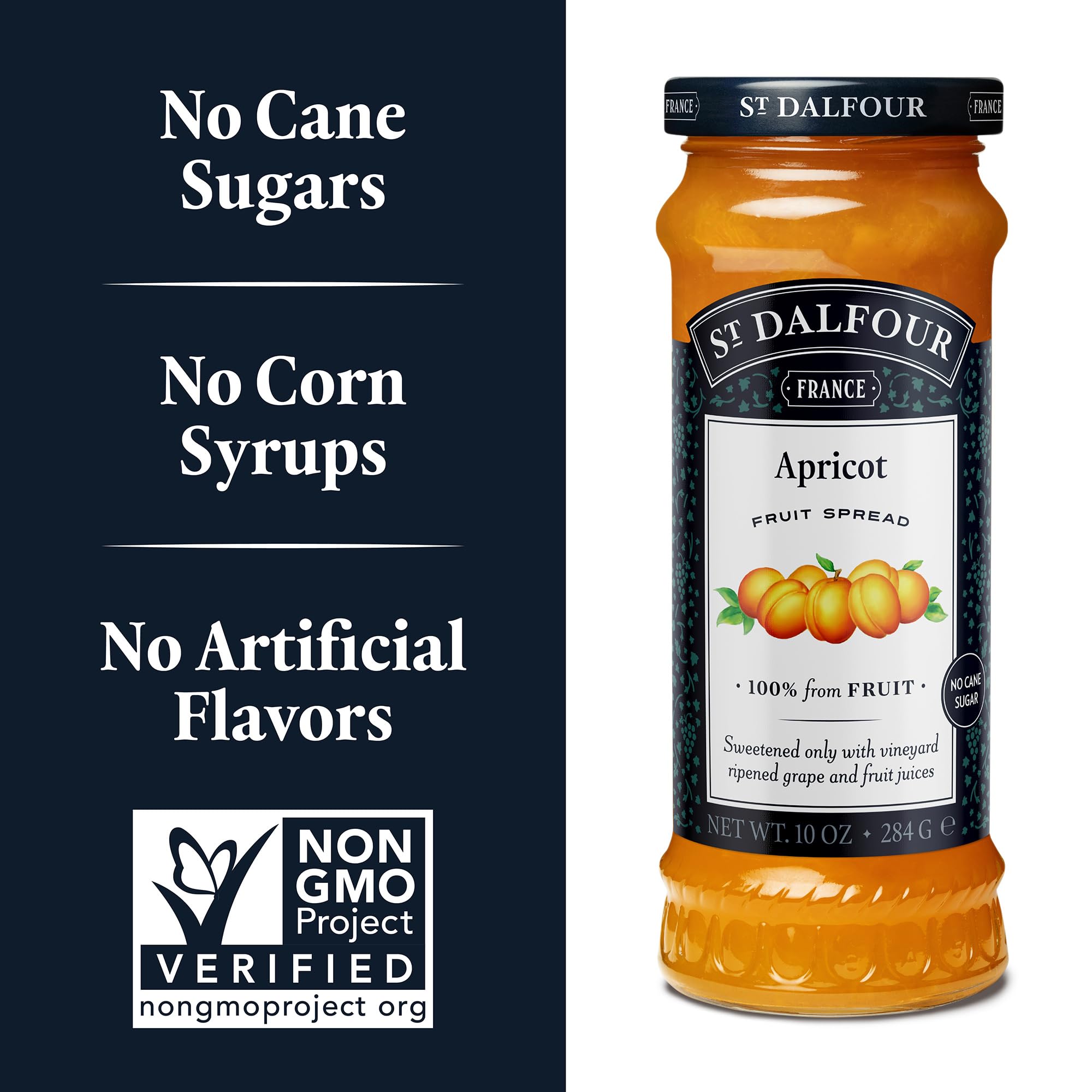 St. Dalfour Apricot Fruit Spread - 10oz - 100% from Fruit, No Artificial Ingredients, Non-GMO, No Cane Sugars, All Natural, Made in France