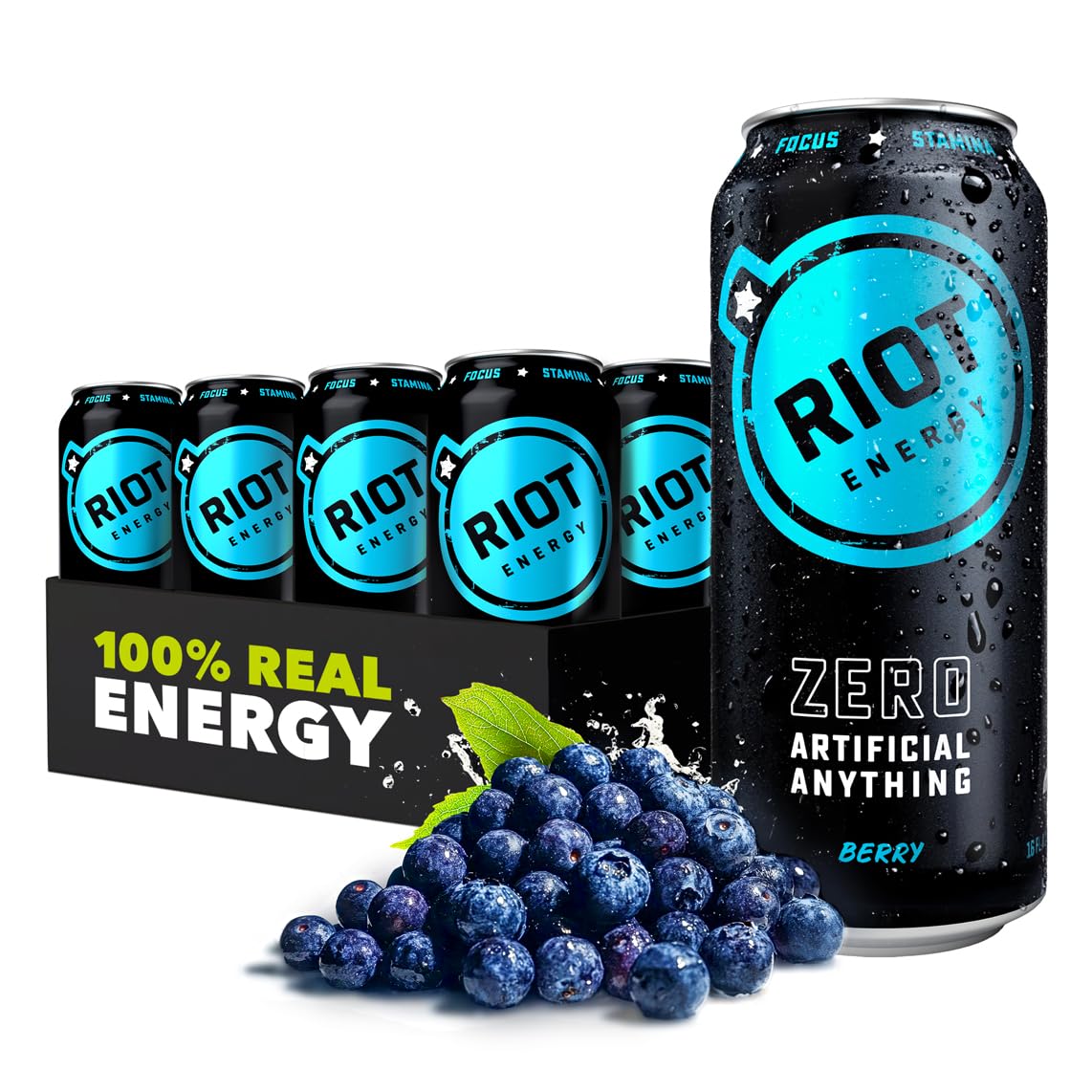 RIOT Clean Energy Drink - Berry | No Sucralose, No Sugar Added, No Artificial Flavors | 160mg Natural Caffeine + 100mg L-Theanine | Clean Focus