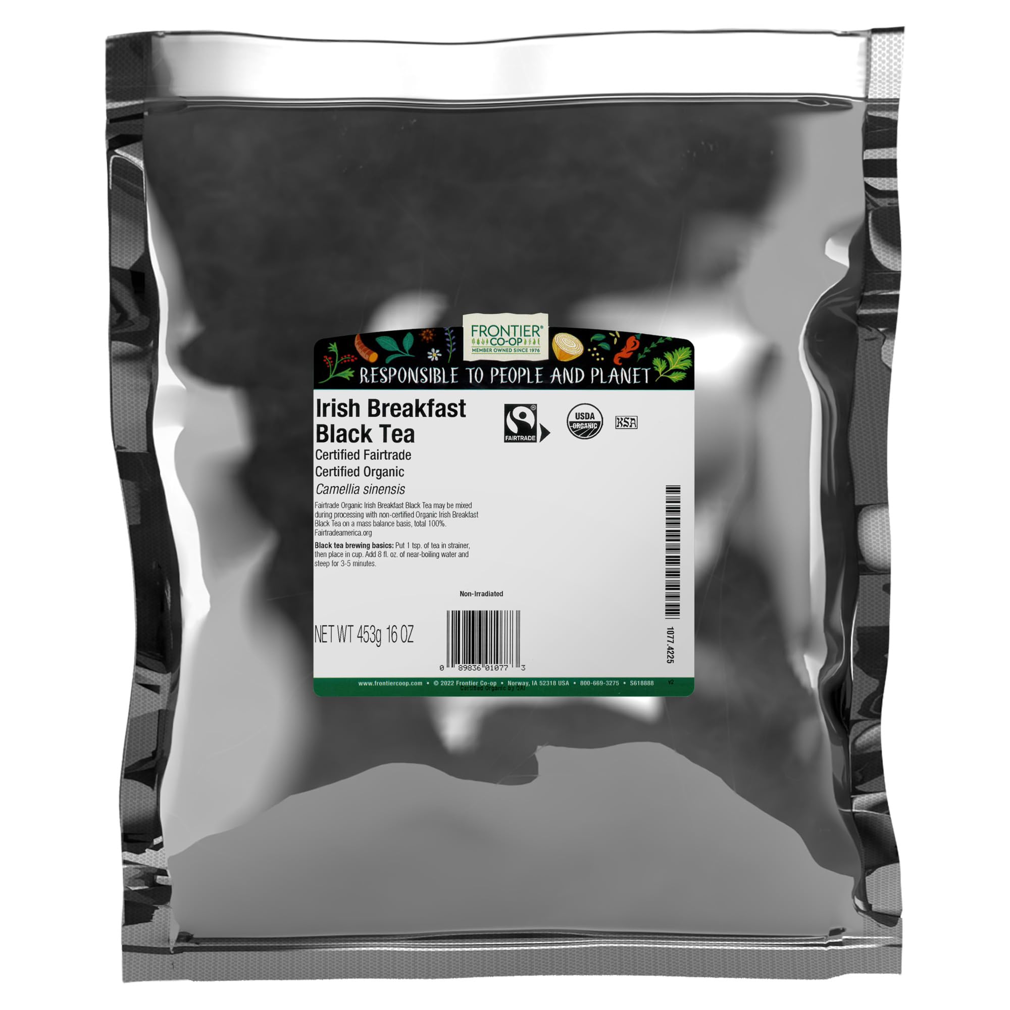 Frontier Co-op Certified Organic Fair Trade Irish Breakfast Tea, 1-Pound Bulk, Rustic, Warm & Bold Black Tea, Kosher,