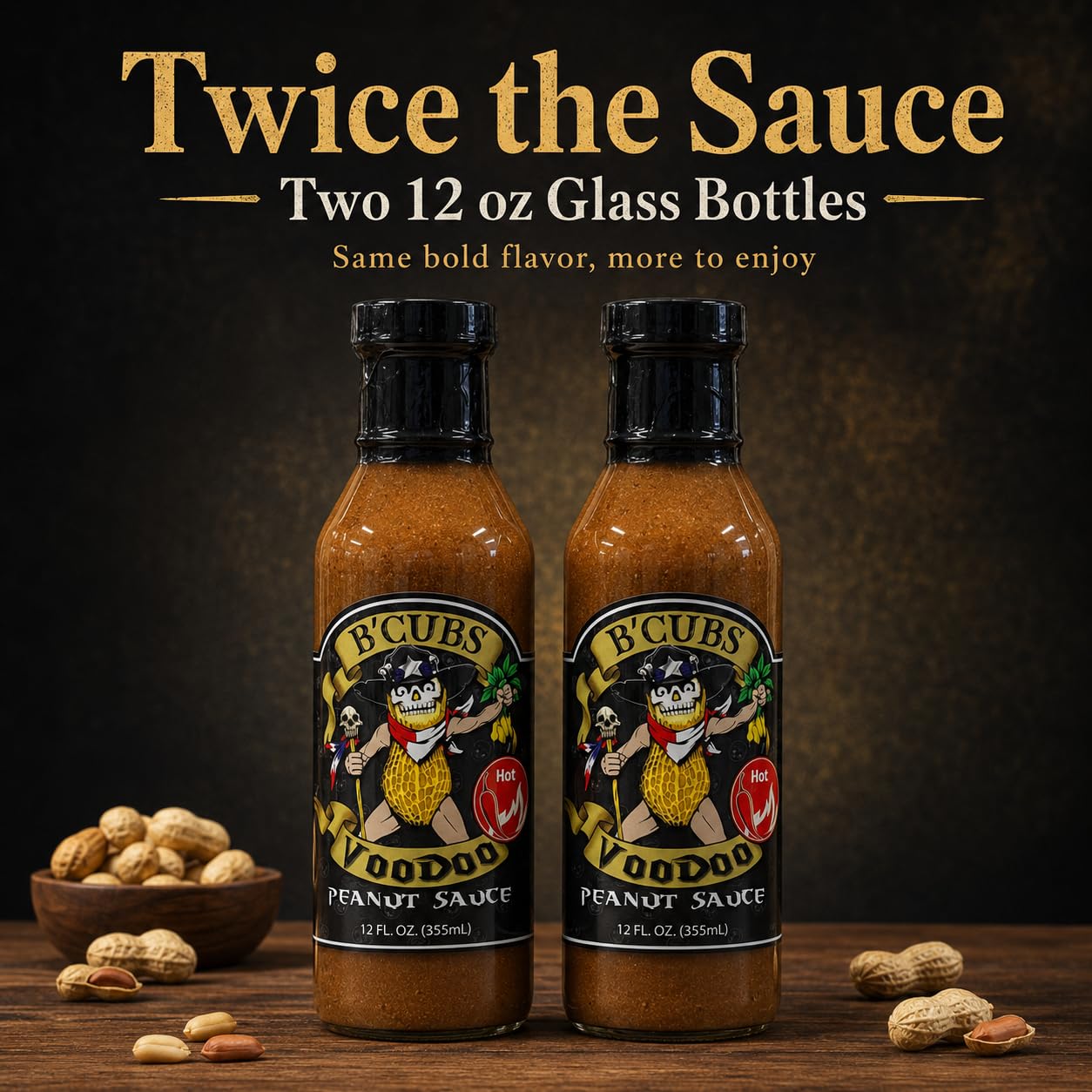 B'Cubs® Voodoo Peanut Sauce HOT Bold, Nutty, Sweet with Robust Heat, Versatile Dip, Drizzle, Marinade & Stir Fry 2 Pack (2 x 12oz Glass Bottles) Texas