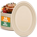 Enjamyo 50 Pack Oval Paper Plates,12 inch Paper Plates Heavy Duty,Compostable Natural Bagasse Unbleached Sugarcane Plate,Disposable Plate for BBQ