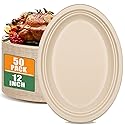 Enjamyo 50 Pack Oval Paper Plates,12 inch Paper Plates Heavy Duty,Compostable Natural Bagasse Unbleached Sugarcane Plate,Disposable Plate for BBQ