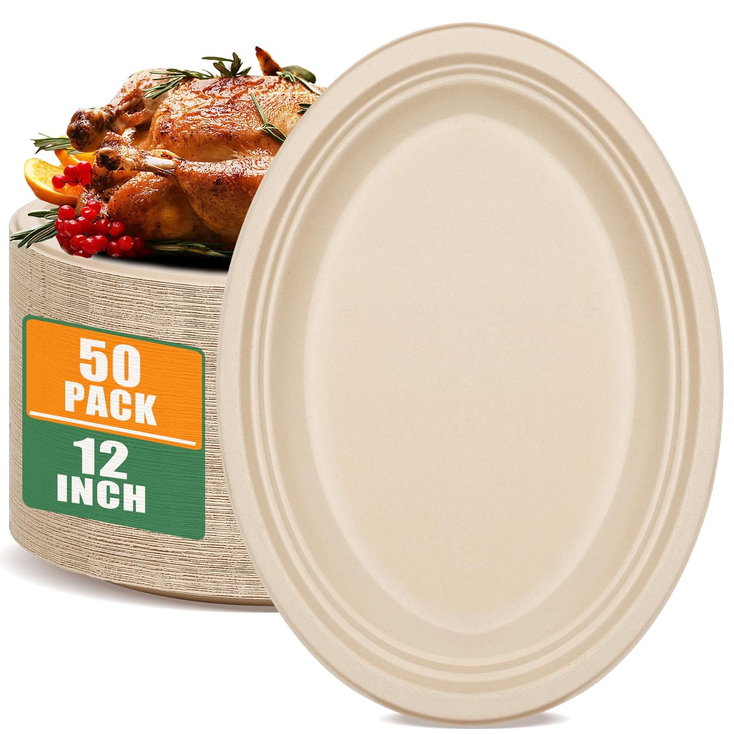 Enjamyo 50 Pack Oval Paper Plates,12 inch Paper Plates Heavy Duty,Compostable Natural Bagasse Unbleached Sugarcane Plate,Disposable Plate for BBQ
