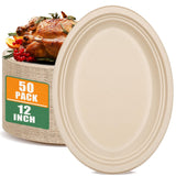 Enjamyo 50 Pack Oval Paper Plates,12 inch Paper Plates Heavy Duty,Compostable Natural Bagasse Unbleached Sugarcane Plate,Disposable Plate for BBQ