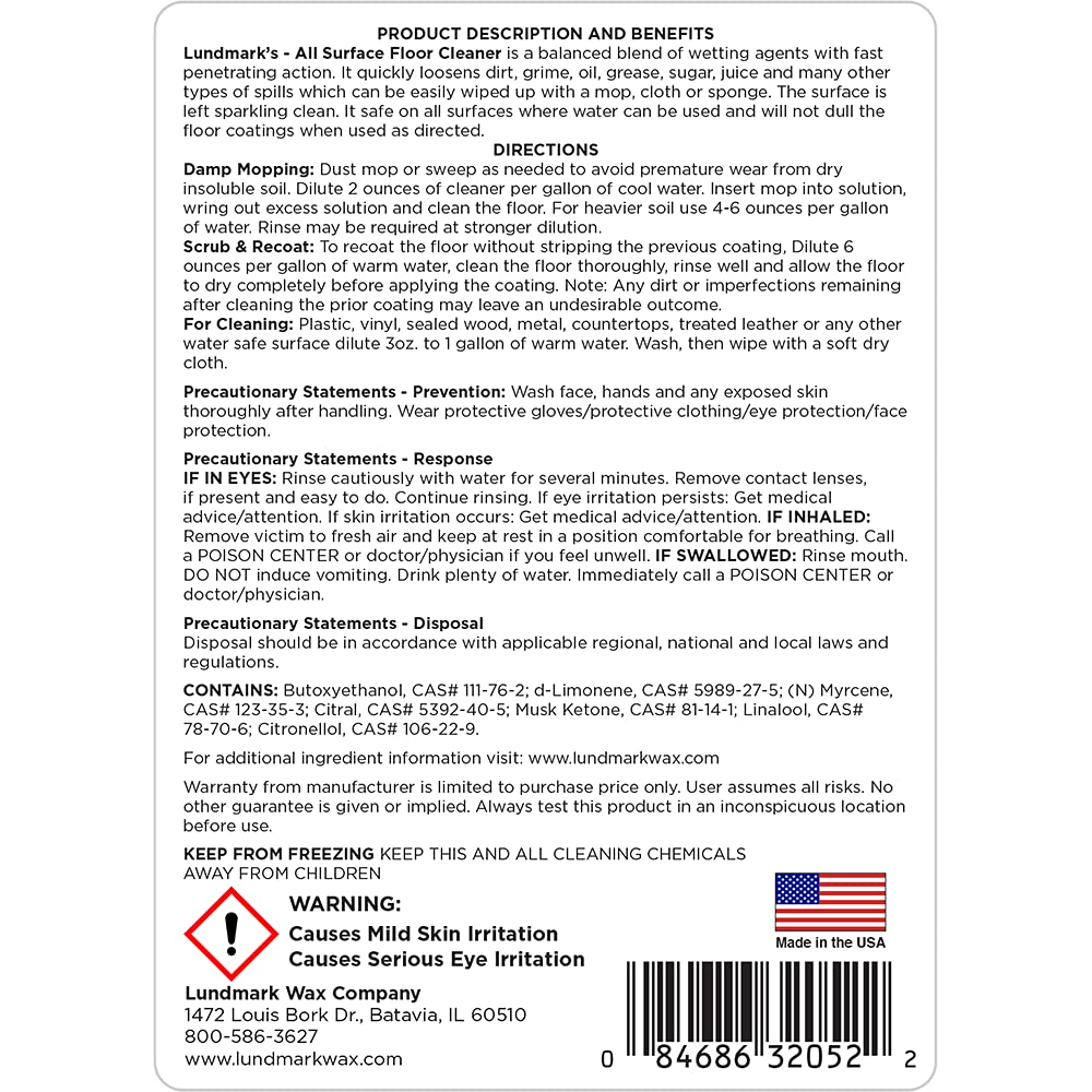 Lundmark All Surface Floor Cleaner, Concentrated Cleaner for Wax Floors, 32-Ounce, 3205F32-6,Clear