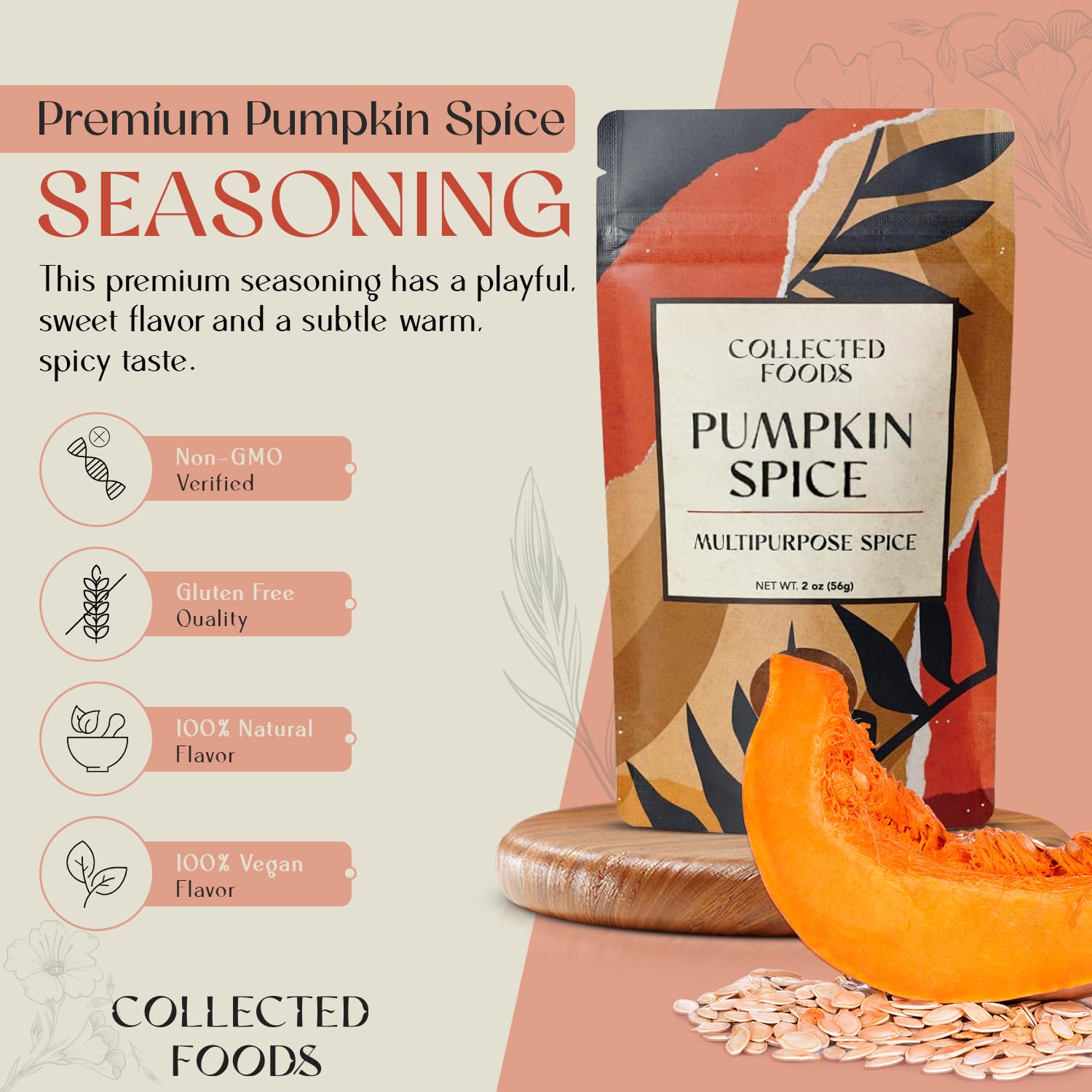 Collected Foods Premium Pumpkin Spice Blend - Non-GMO Fall Seasoning Containing Ground Cinnamon, Nutmeg, Ginger, Cloves and Allspice - Perfect