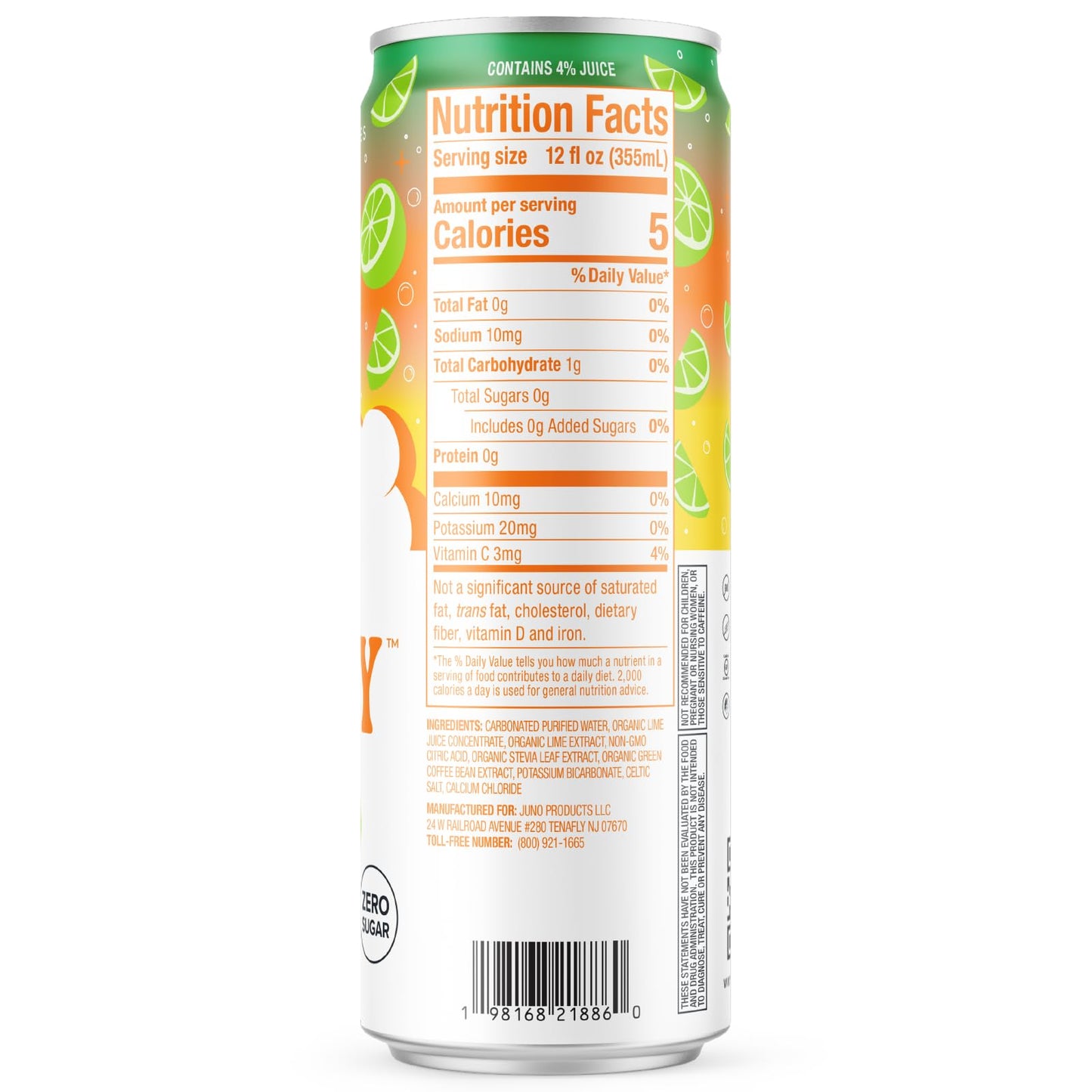 JUNO ENERGY Limeade Sparkling Energy Drink - Sugar Free Electrolytes, Energizing and Hydrating with 125mg Organic Caffeine from Green Coffee Beans