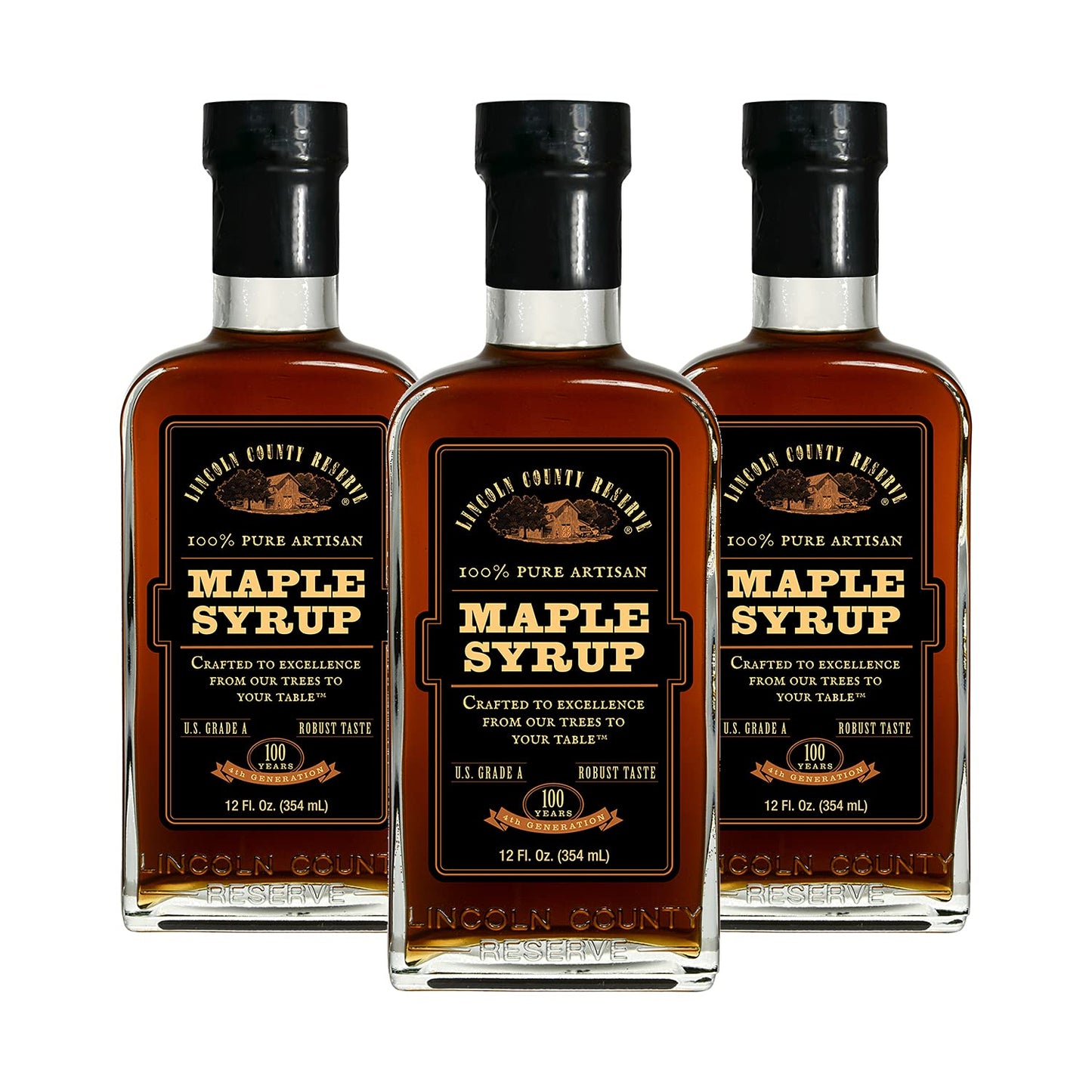 Lincoln County Reserve 100% Pure Maple Syrup with Robust Taste, 100% Pure Artisan Maple Syrup, Made in the USA,12 oz Glass Bottle 3 Pack