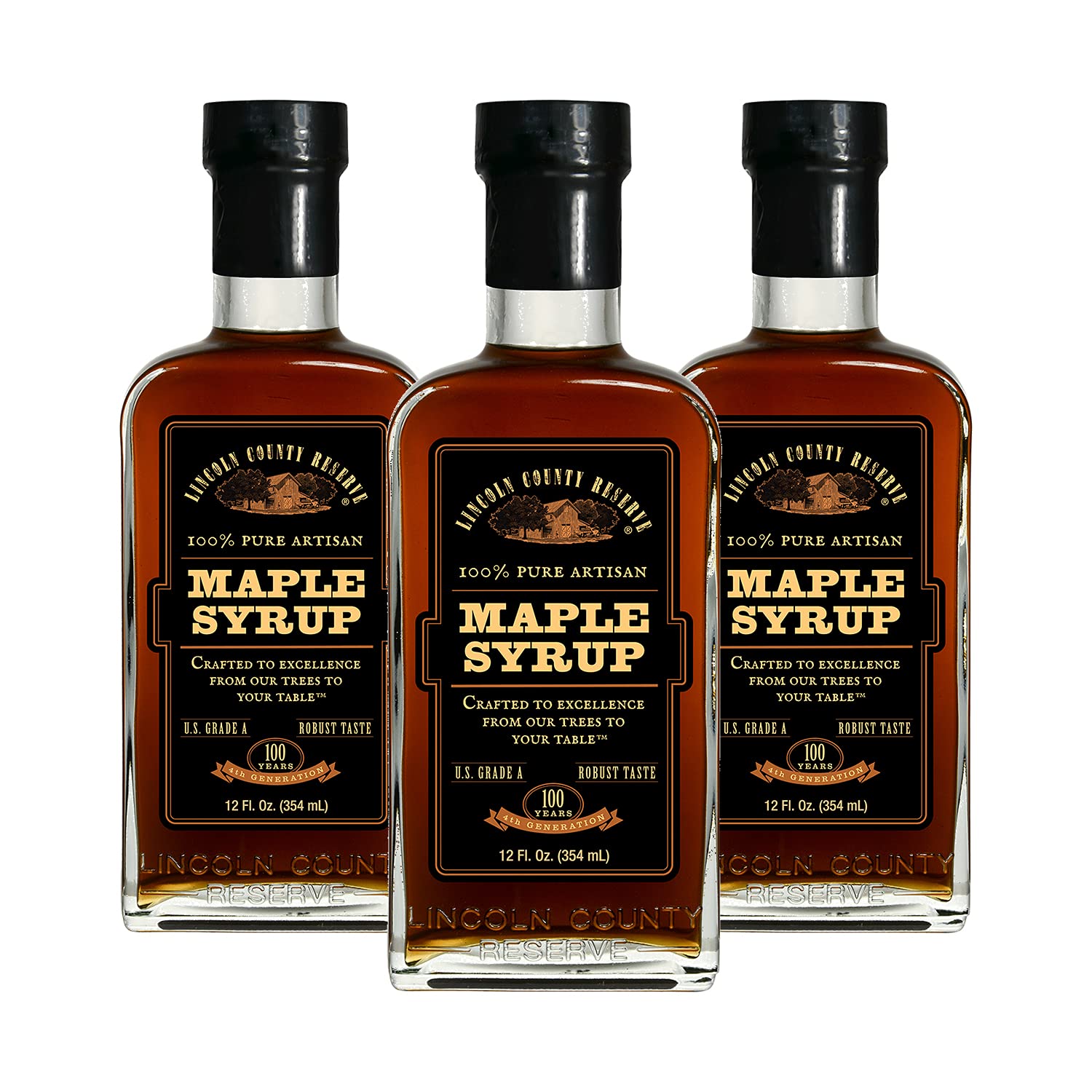 Lincoln County Reserve 100% Pure Maple Syrup with Robust Taste, 100% Pure Artisan Maple Syrup, Made in the USA,12 oz Glass Bottle 3 Pack