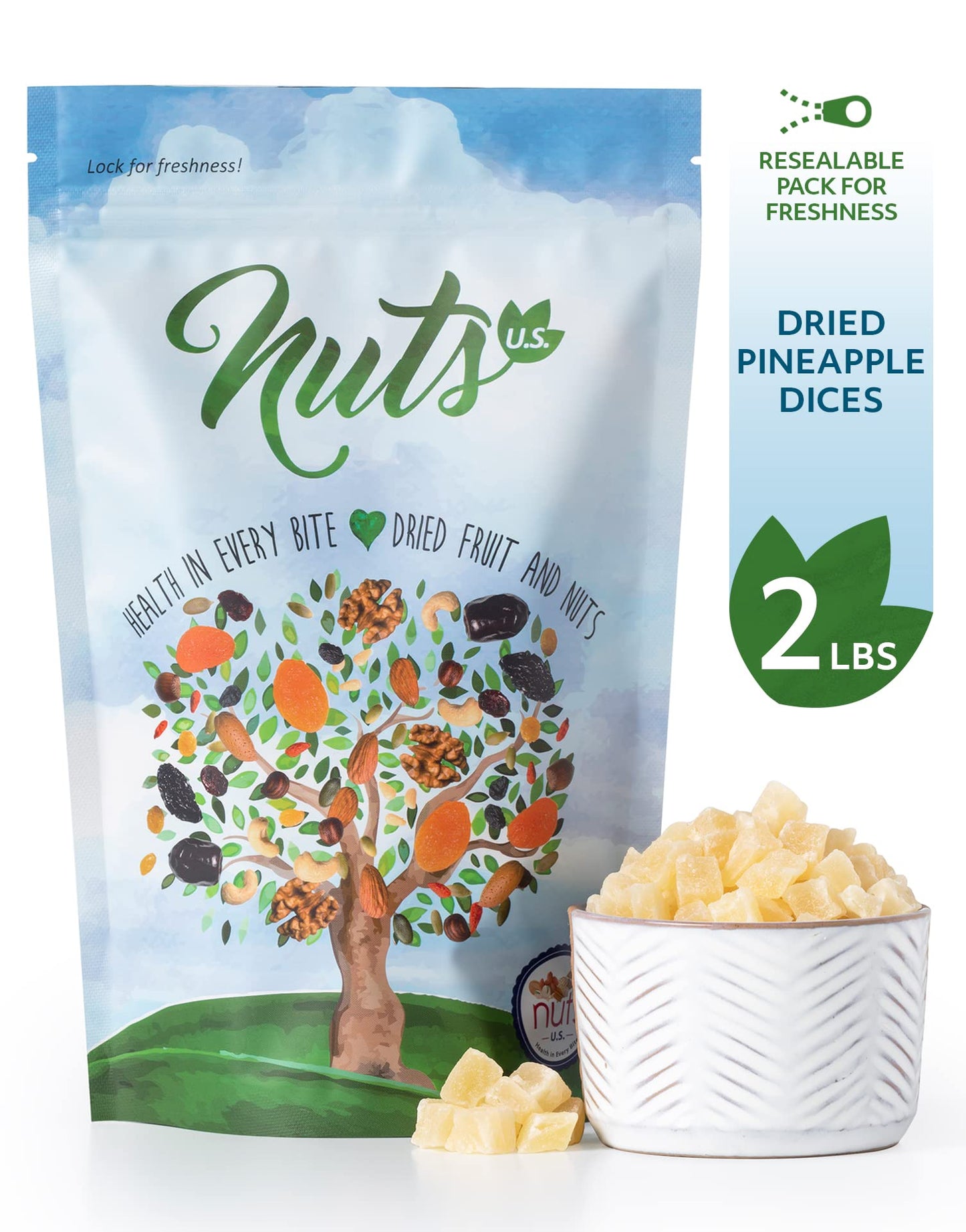 NUTS U.S. - Dried Pineapple Dices | No Added Colors and No Artificial Flavors | NON- GMO | Packed In Resealable Bags!!! (2 LBS)