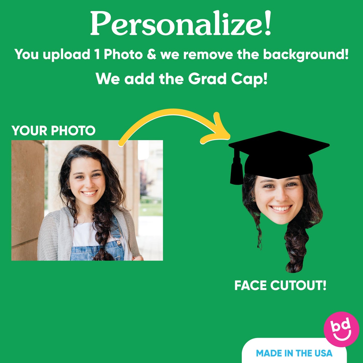 Big Dot of Happiness Grad Cap Fun Face Cutout Dessert Cupcake Toppers - Custom Graduation Photo Head Cut Out Clear Treat Picks - Upload 1 Photo - Set