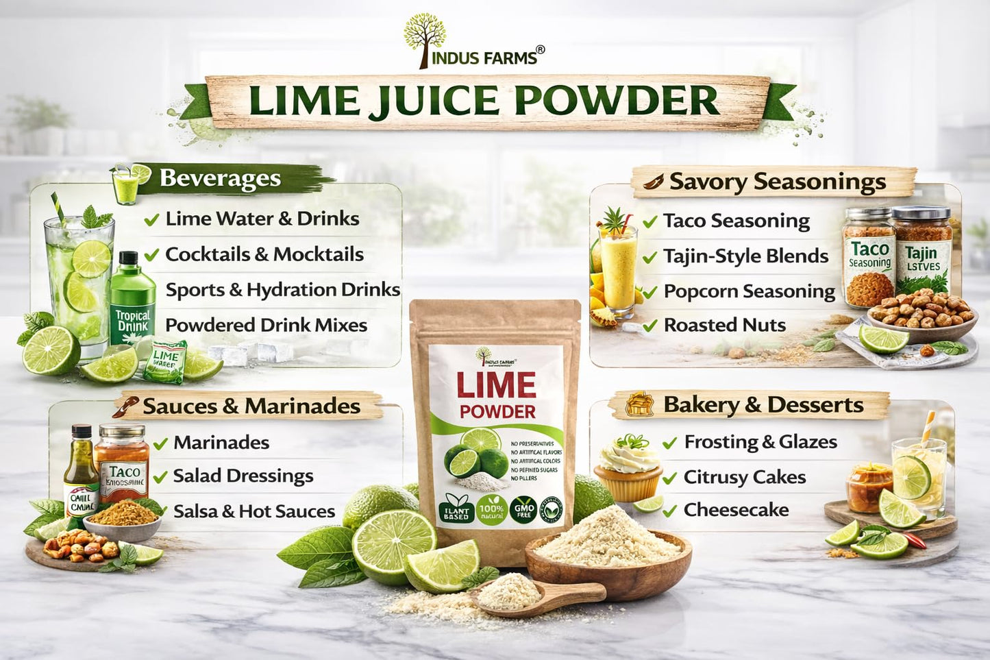 Indus Farms Lime Juice Powder Drink Mix, Unsweetened, Made from Fresh Limes (No Peel), Smooth Mixing, No Preservatives, For Drinks, Cooking, Baking